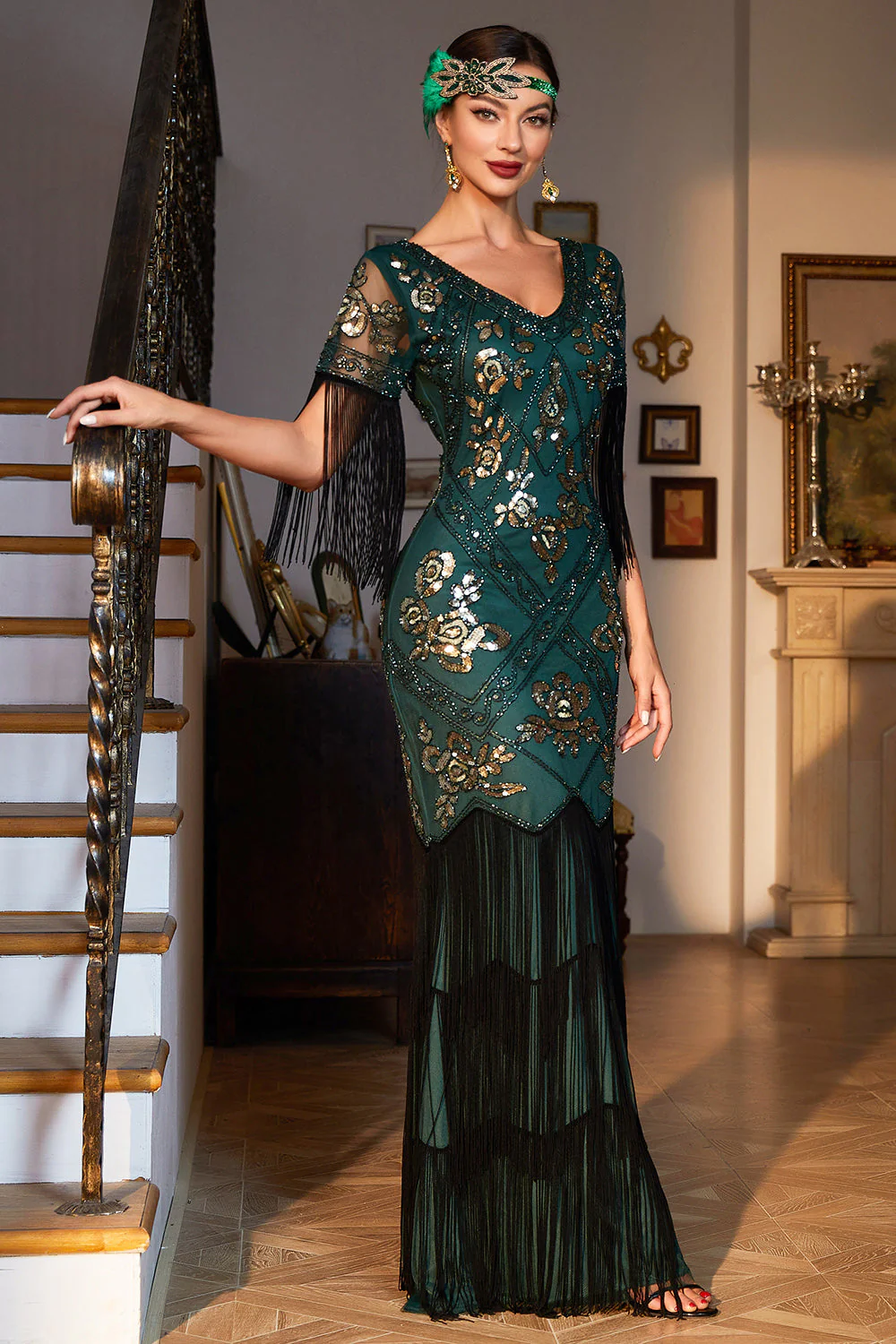 Sheath Black Sequins V Neck Long Choir Dress with Fringes - Image 13