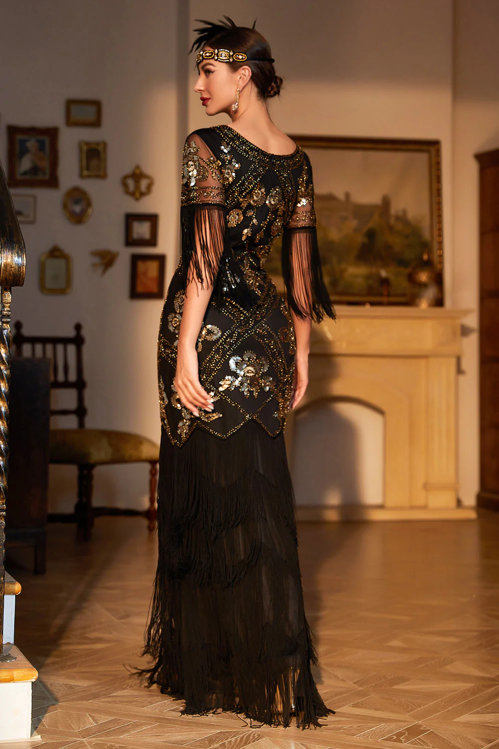 Sheath Black Sequins V Neck Long Choir Dress with Fringes - Image 2