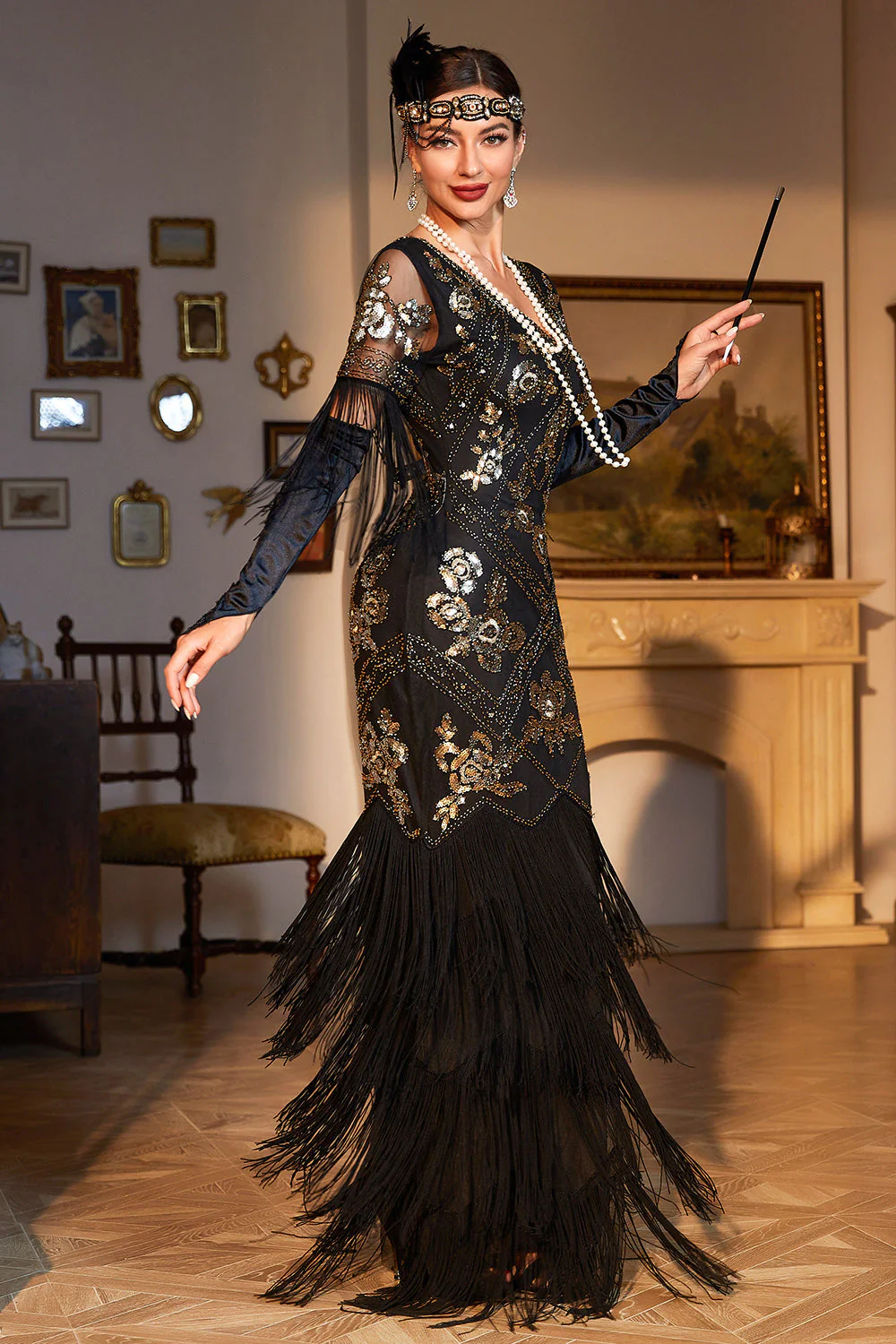 Sheath Black Sequins V Neck Long Choir Dress with Fringes - Image 7