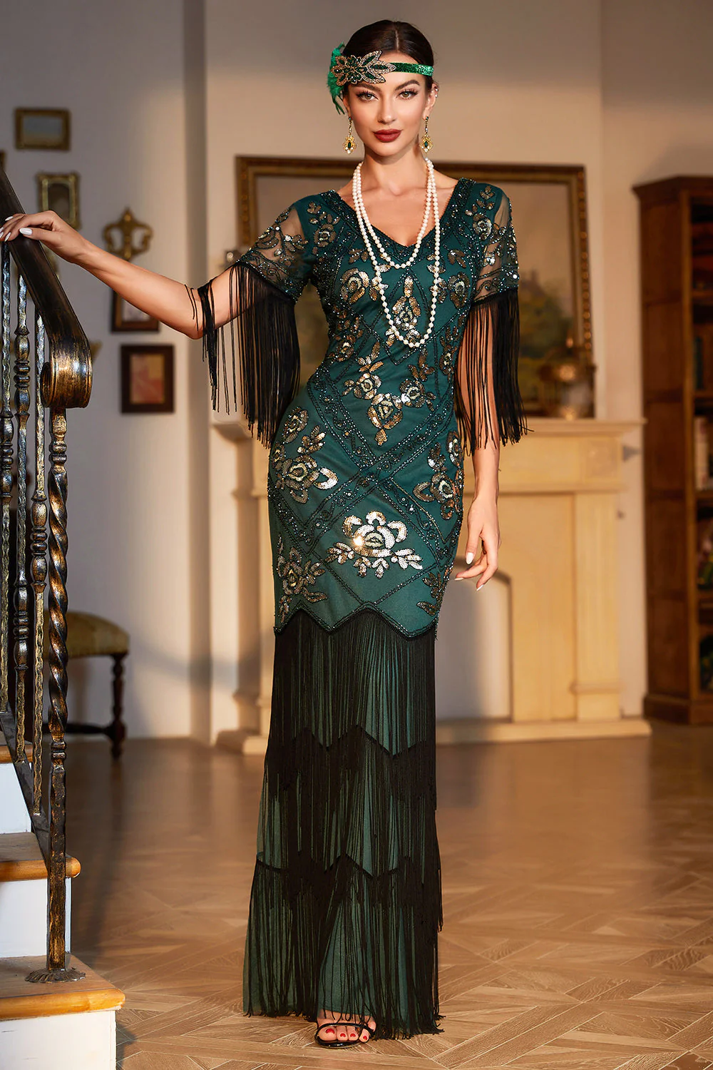 Sheath Black Sequins V Neck Long Choir Dress with Fringes - Image 8