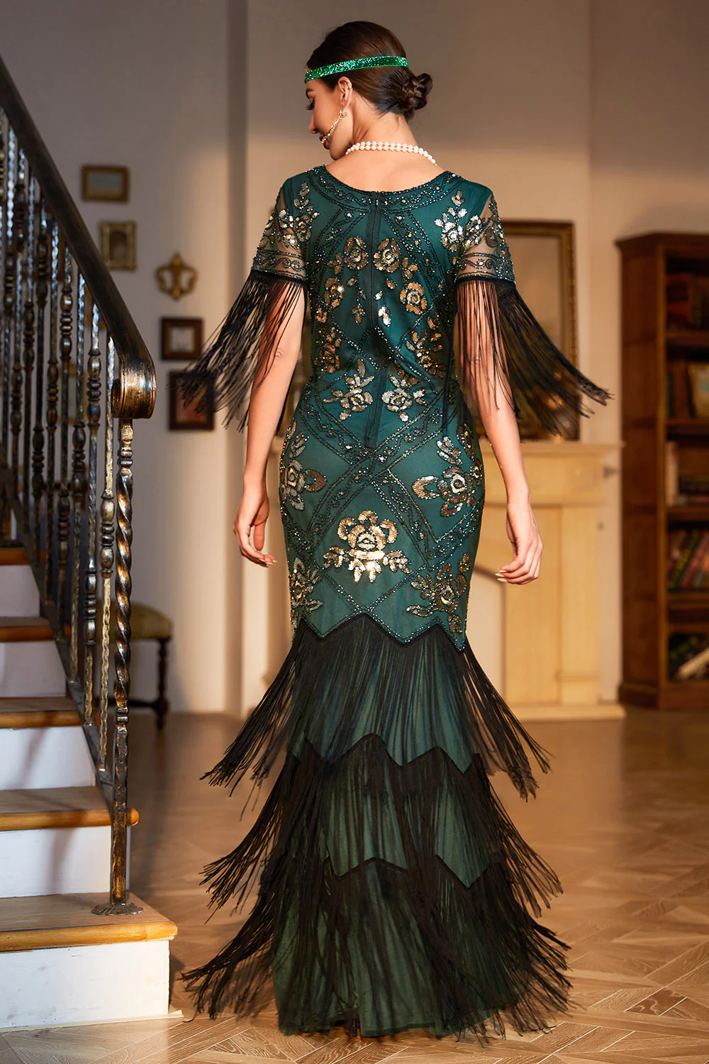 Sheath Black Sequins V Neck Long Choir Dress with Fringes - Image 9