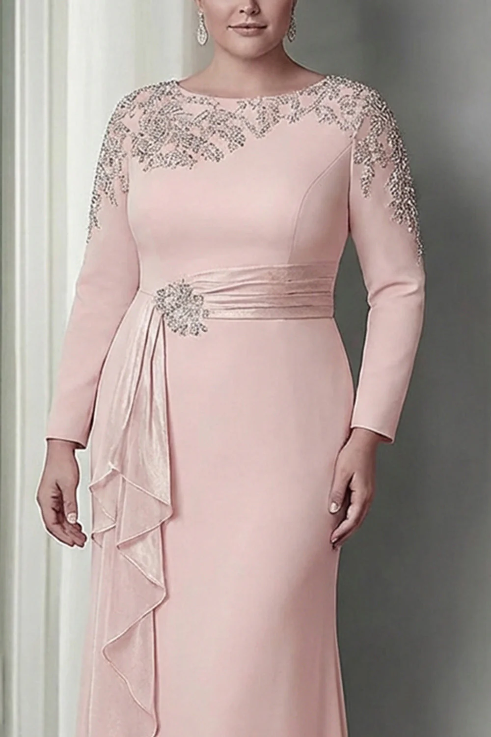 Sheath Blush Long Sleeves Satin Plus Size Mother Of The Bride Dress with Ruffles - Image 3