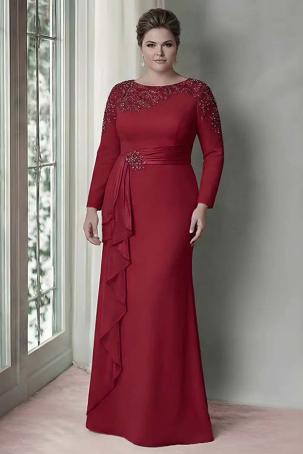 Sheath Blush Long Sleeves Satin Plus Size Mother Of The Bride Dress with Ruffles - Image 5