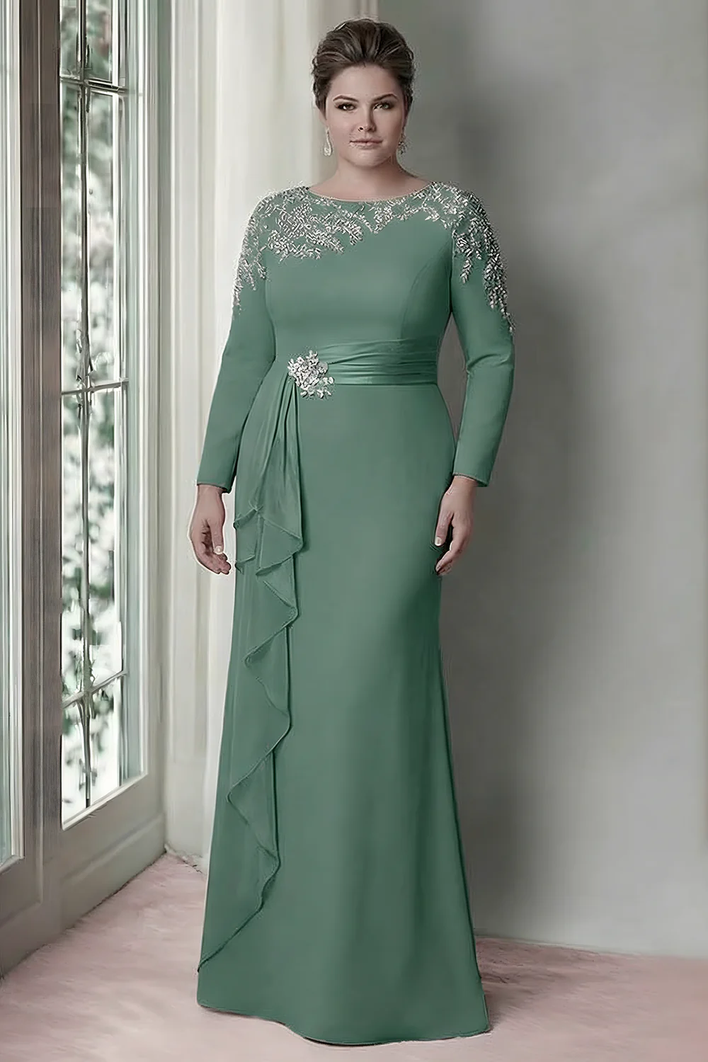 Sheath Blush Long Sleeves Satin Plus Size Mother Of The Bride Dress with Ruffles - Image 6