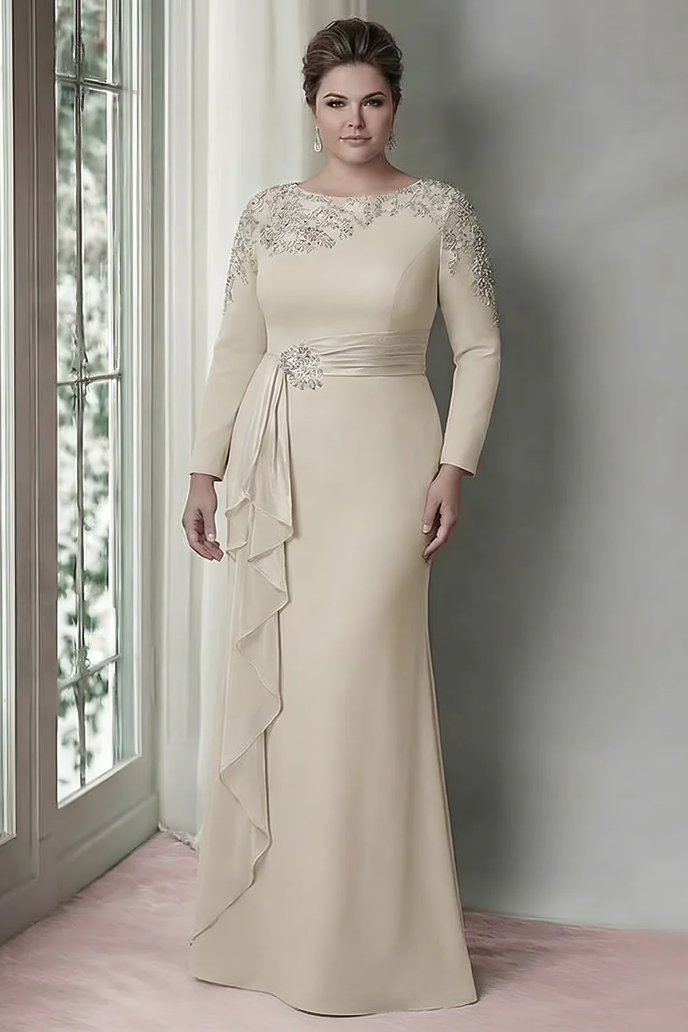Sheath Blush Long Sleeves Satin Plus Size Mother Of The Bride Dress with Ruffles - Image 7