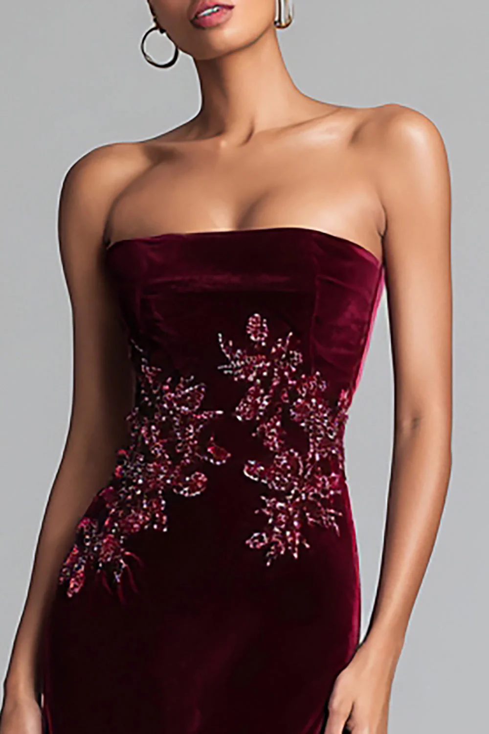 Sheath Burgundy Strapless Velvet Appliqued Long Evening Dress - Image 2
