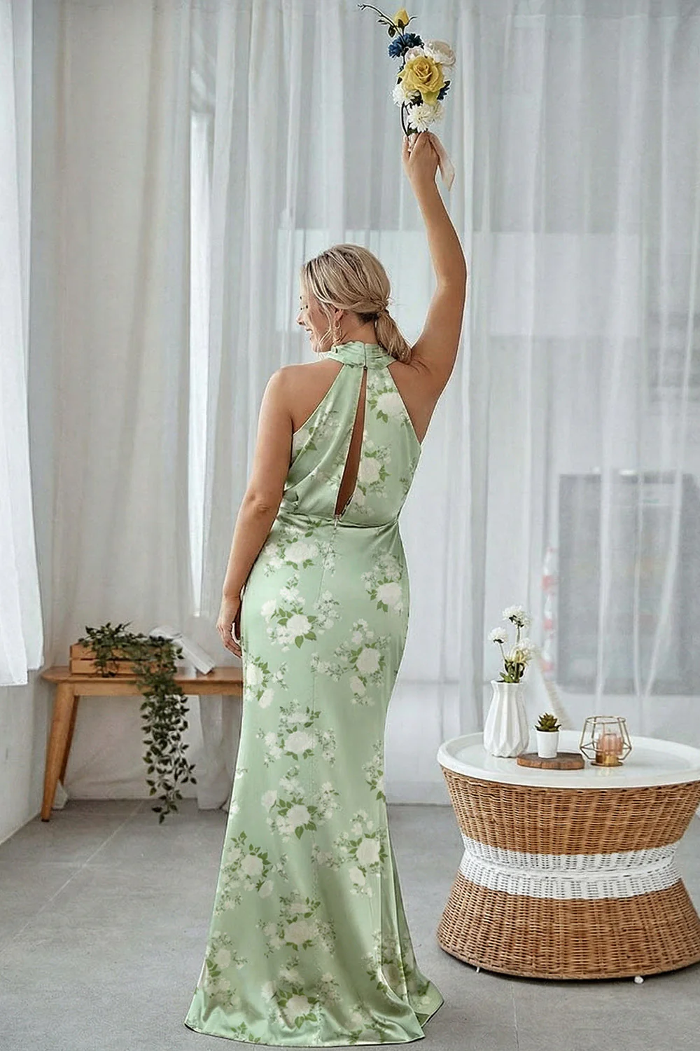 Sheath Halter Blue White Flower Plus Size Printed Long Bridesmaid Dress - Image 10