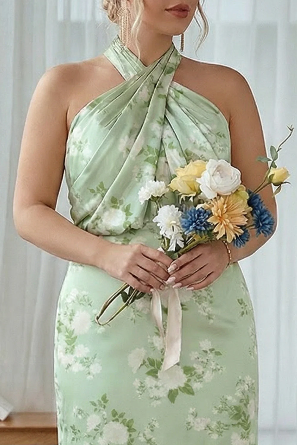 Sheath Halter Blue White Flower Plus Size Printed Long Bridesmaid Dress - Image 11