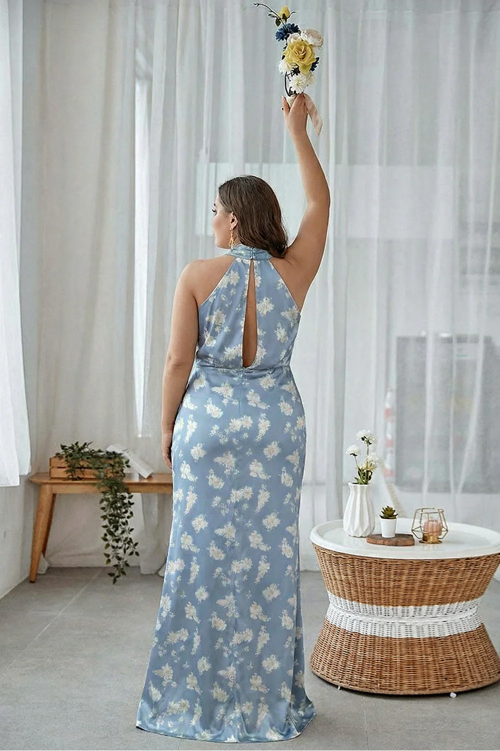 Sheath Halter Blue White Flower Plus Size Printed Long Bridesmaid Dress - Image 2
