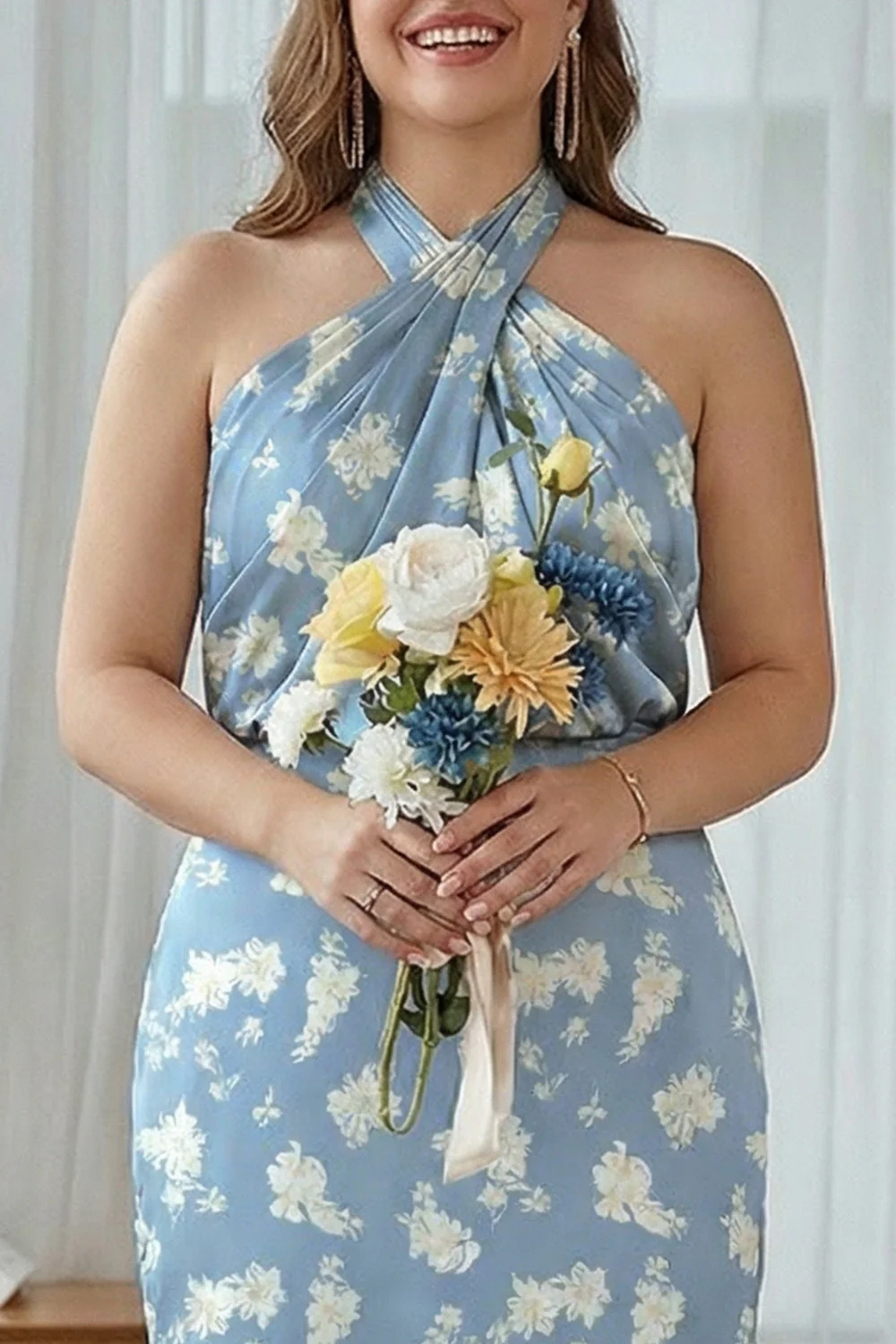 Sheath Halter Blue White Flower Plus Size Printed Long Bridesmaid Dress - Image 3