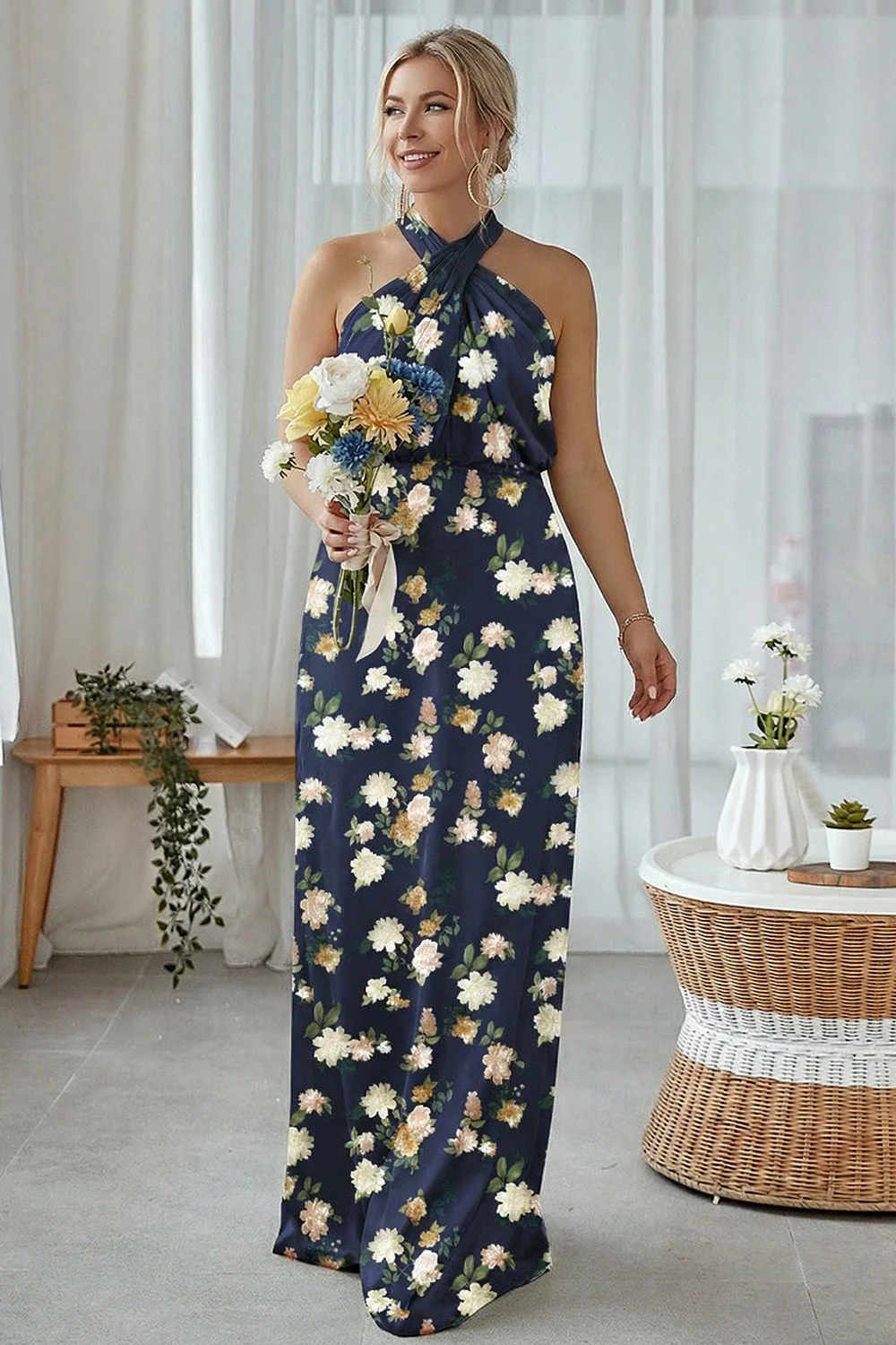 Sheath Halter Blue White Flower Plus Size Printed Long Bridesmaid Dress - Image 5
