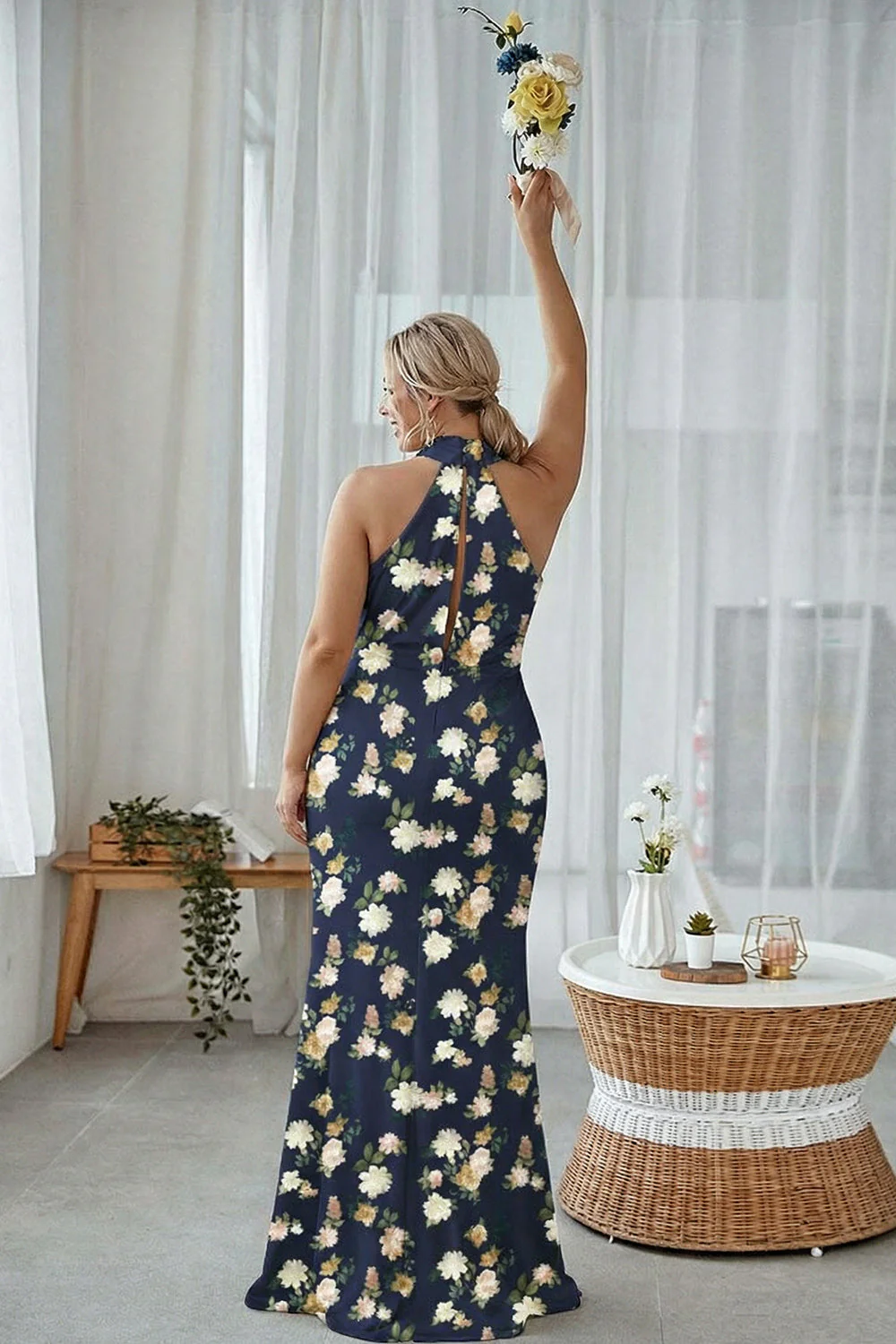 Sheath Halter Blue White Flower Plus Size Printed Long Bridesmaid Dress - Image 6