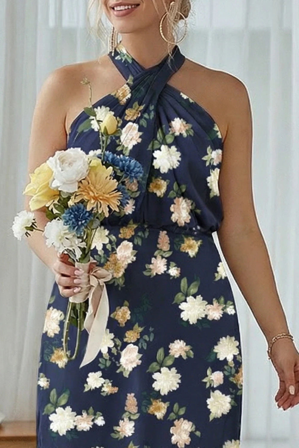 Sheath Halter Blue White Flower Plus Size Printed Long Bridesmaid Dress - Image 7