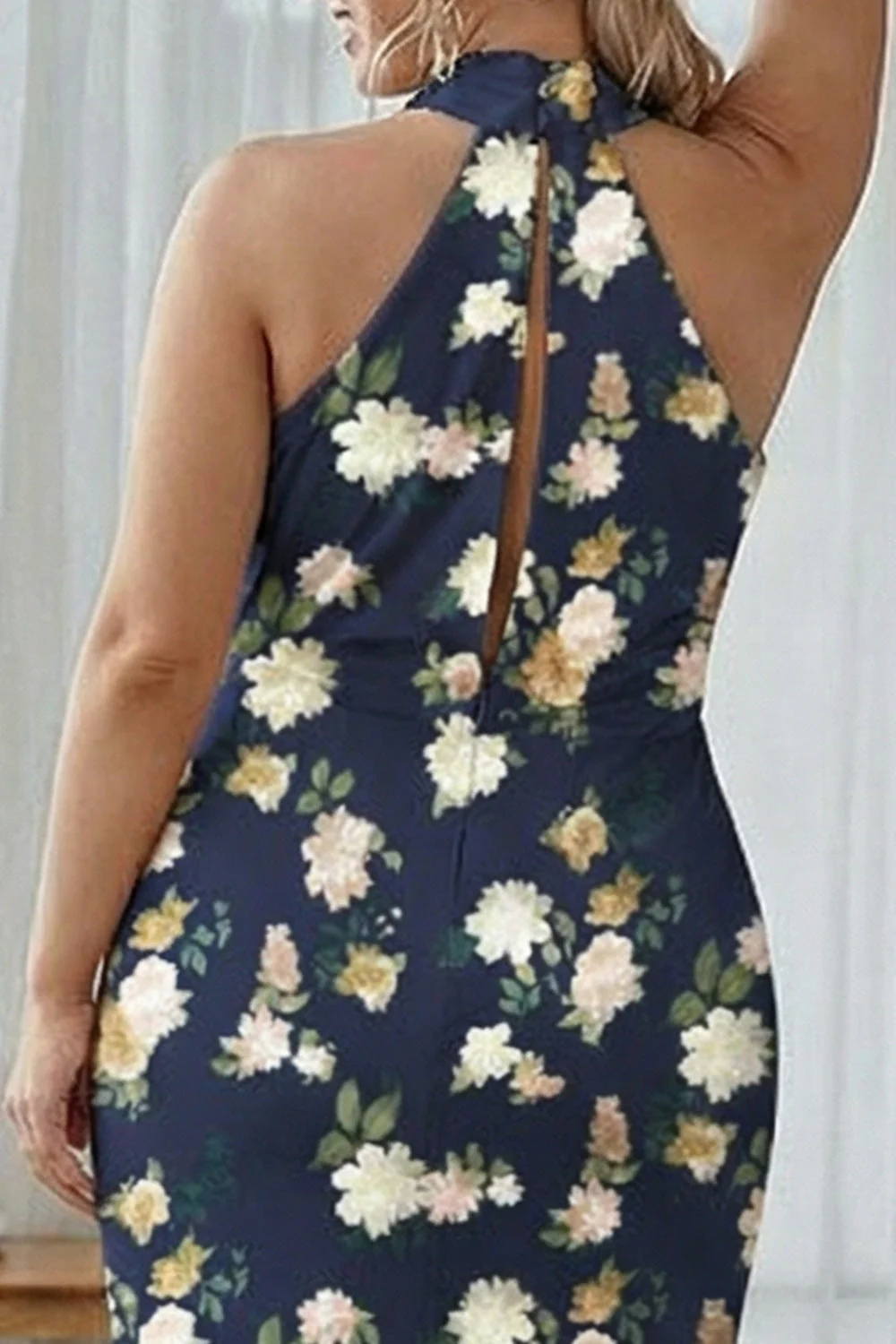Sheath Halter Blue White Flower Plus Size Printed Long Bridesmaid Dress - Image 8