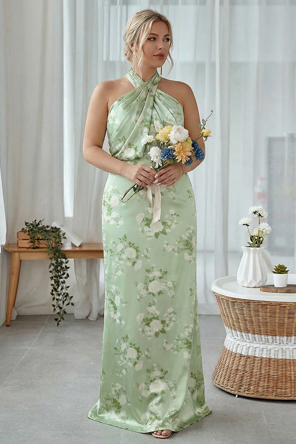 Sheath Halter Blue White Flower Plus Size Printed Long Bridesmaid Dress - Image 9