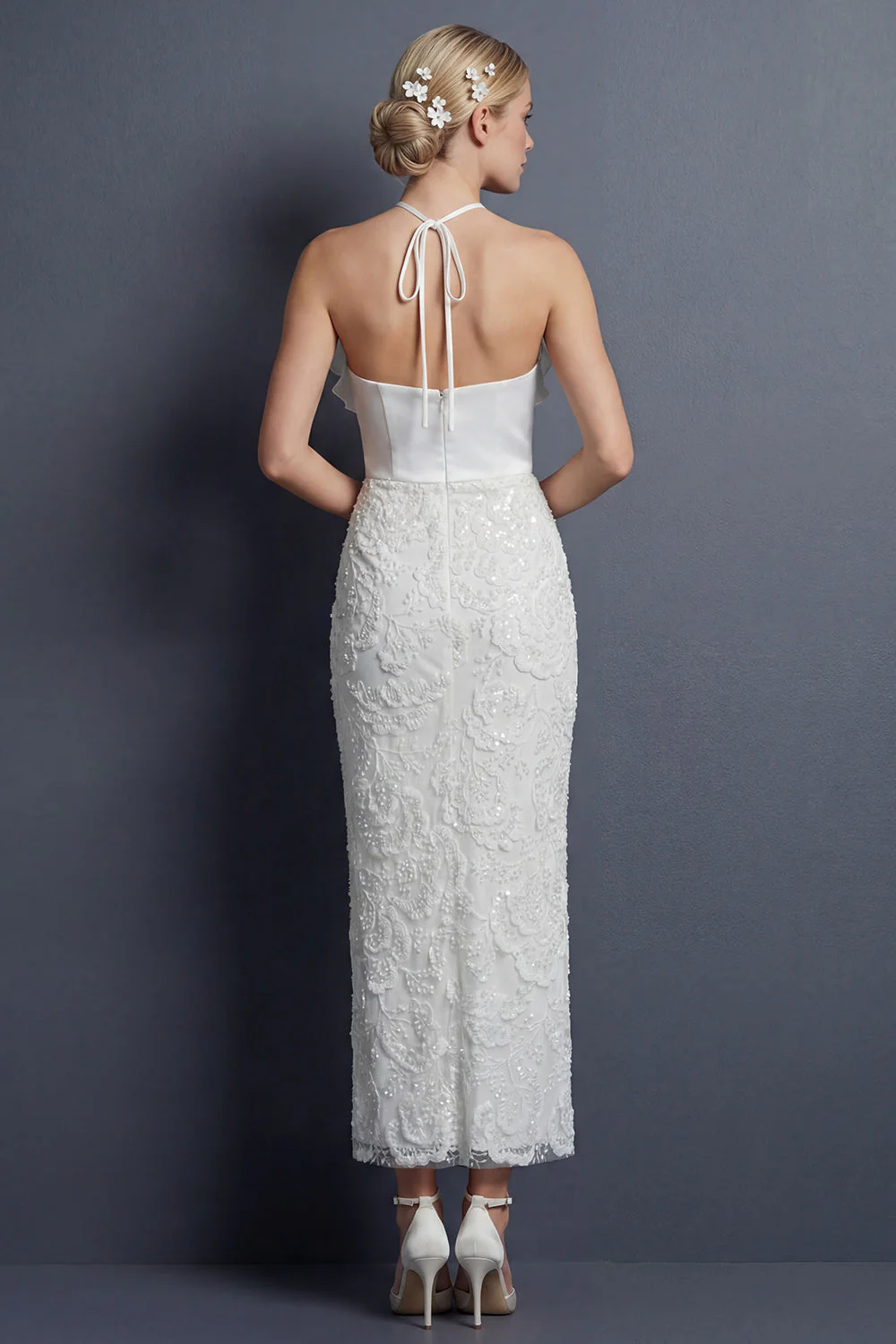 Sheath Halter White Long Wedding Dress with Ruffles - Image 2
