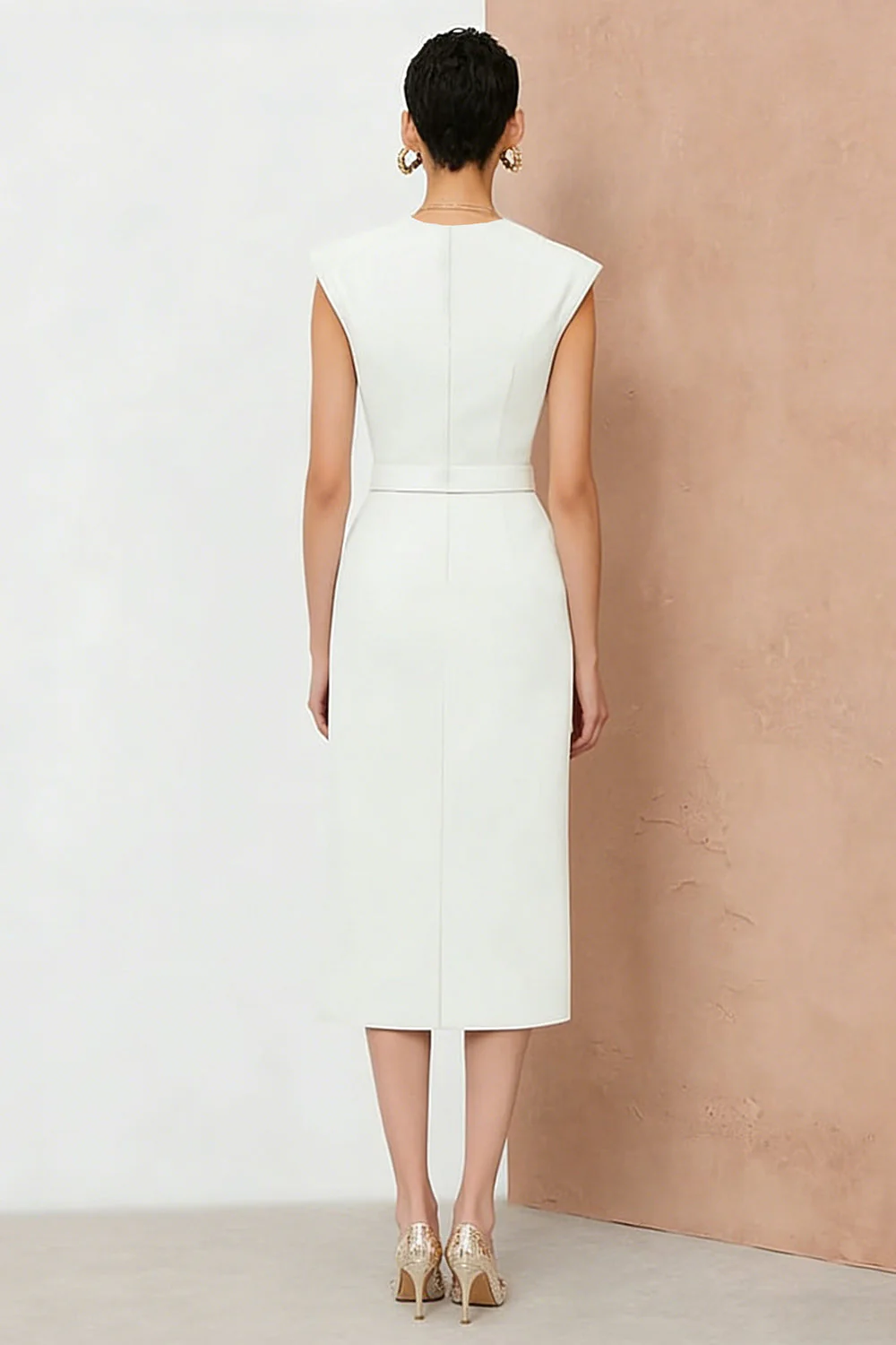 Sheath Ivory V-Neck Midi Work Dress with Pockets - Image 2