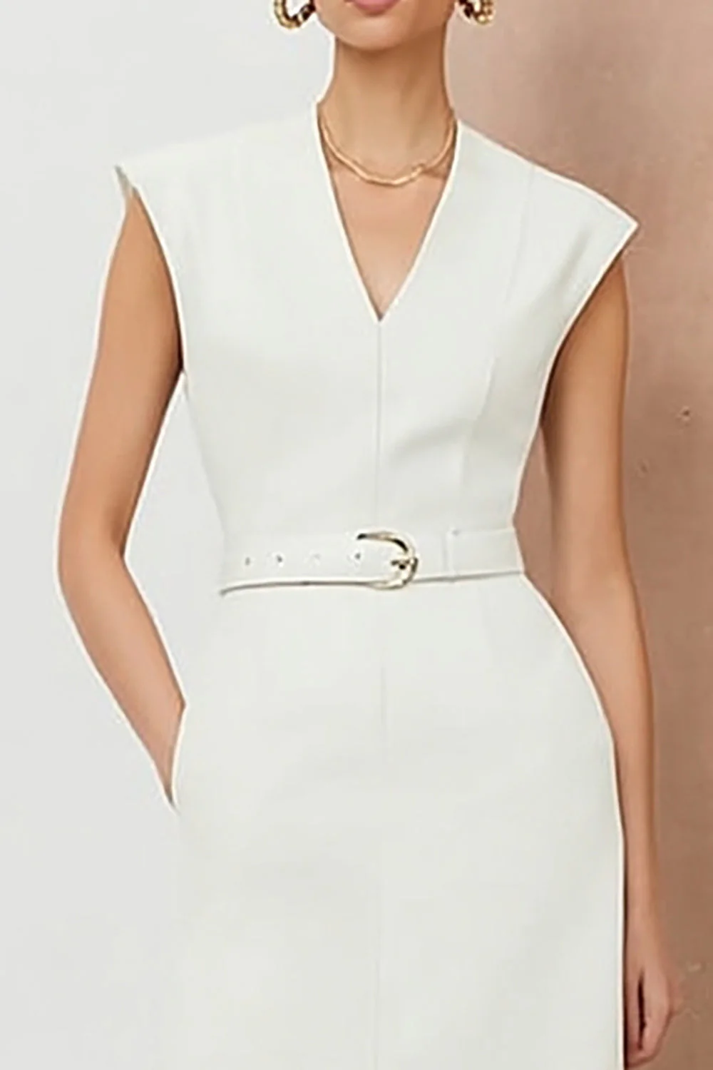 Sheath Ivory V-Neck Midi Work Dress with Pockets - Image 3