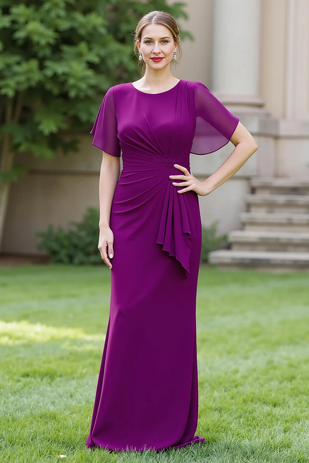 Sheath Navy Chiffon Round Neck Ruched Long Choir Dress with Sash - Image 11
