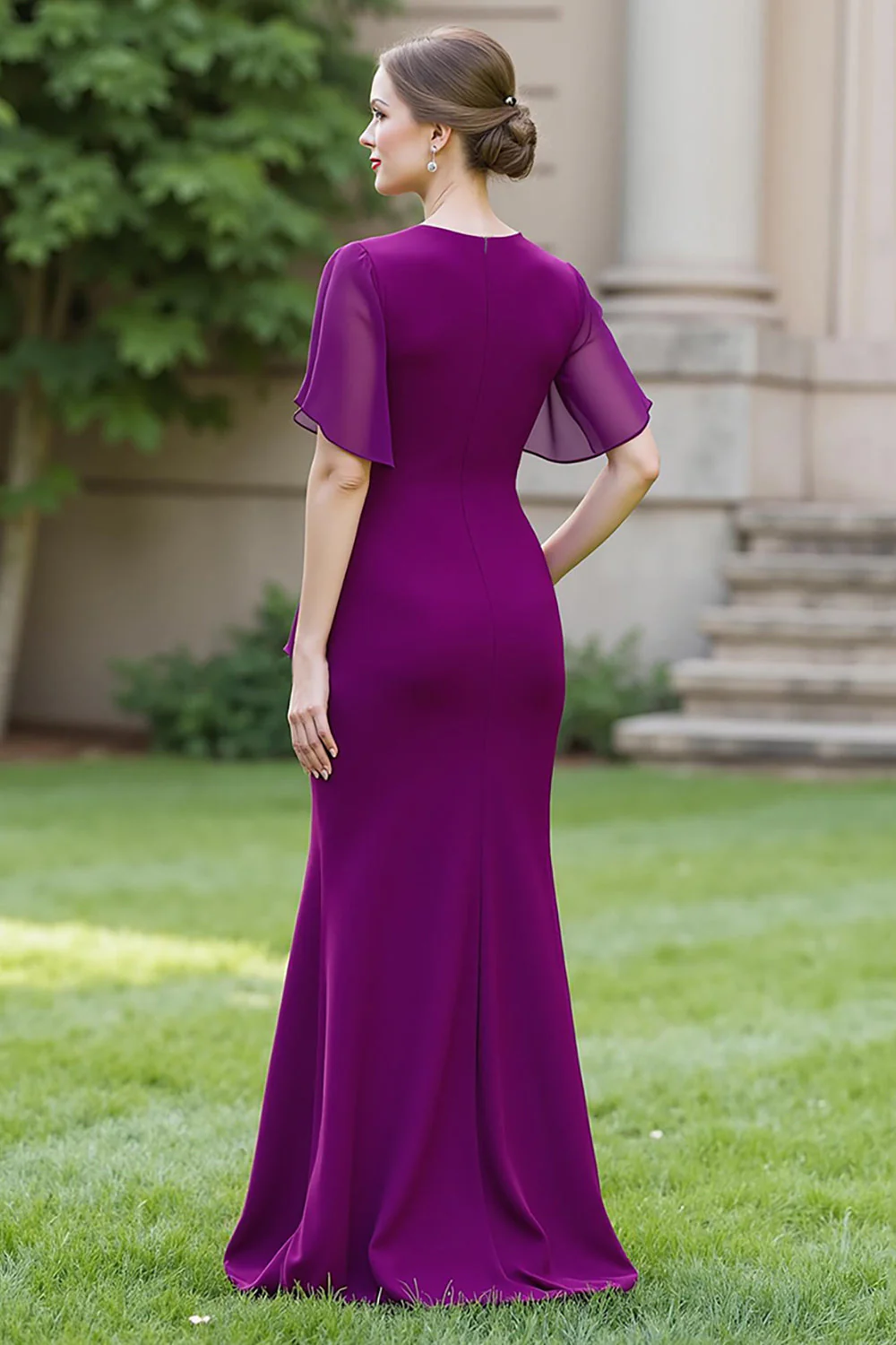 Sheath Navy Chiffon Round Neck Ruched Long Choir Dress with Sash - Image 12