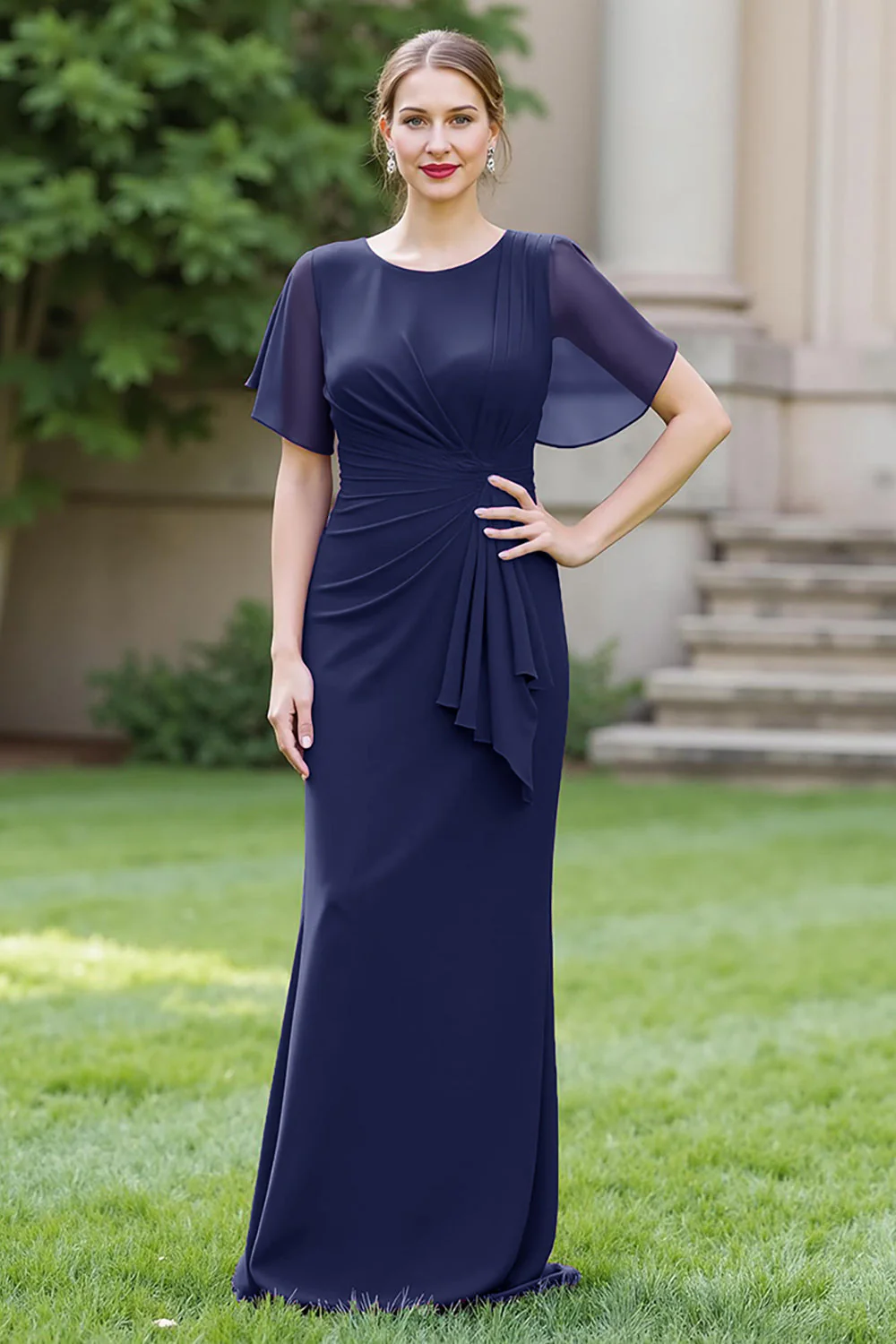 Sheath Navy Chiffon Round Neck Ruched Long Choir Dress with Sash - Image 2