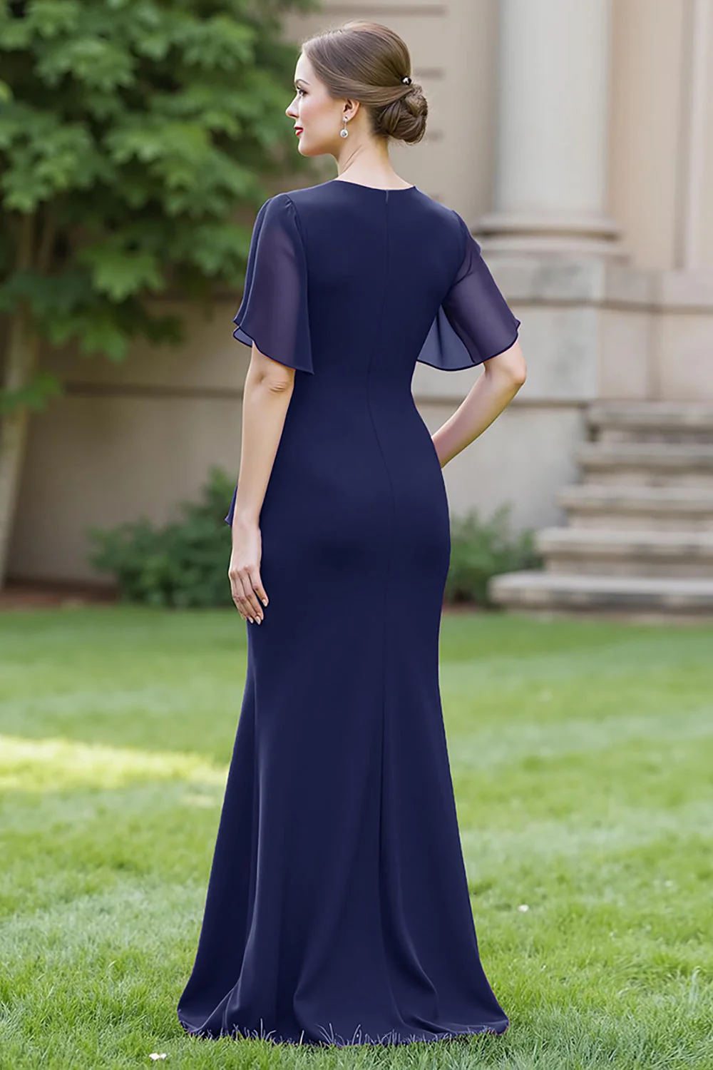 Sheath Navy Chiffon Round Neck Ruched Long Choir Dress with Sash - Image 3