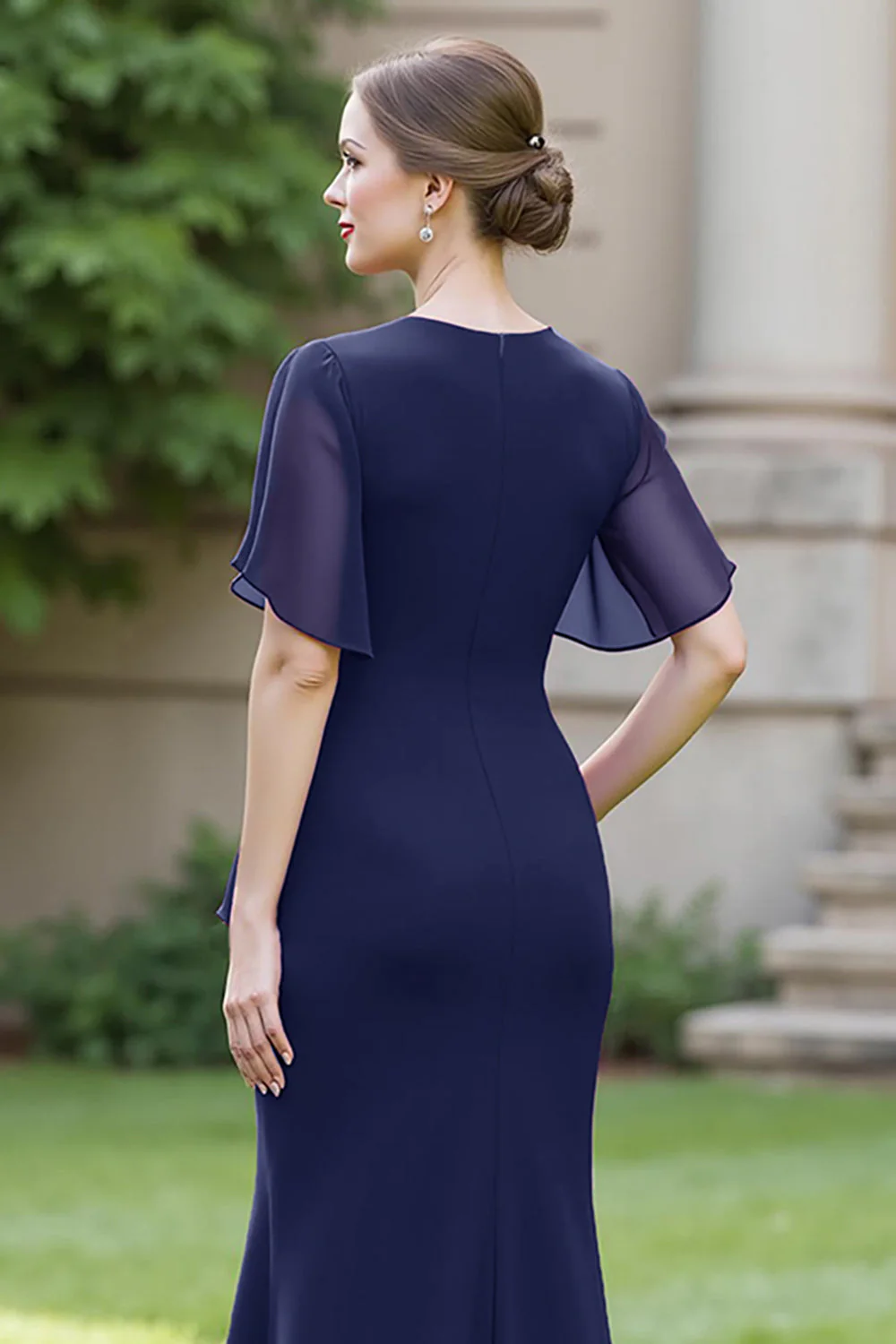 Sheath Navy Chiffon Round Neck Ruched Long Choir Dress with Sash - Image 5