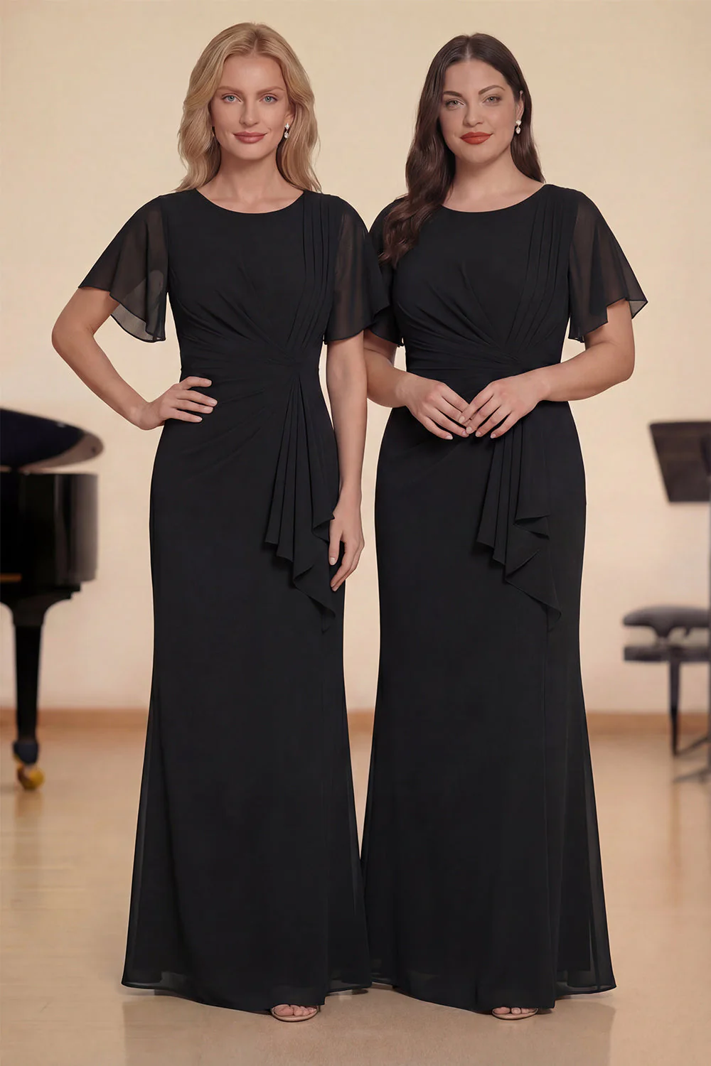 Sheath Navy Chiffon Round Neck Ruched Long Choir Dress with Sash - Image 6