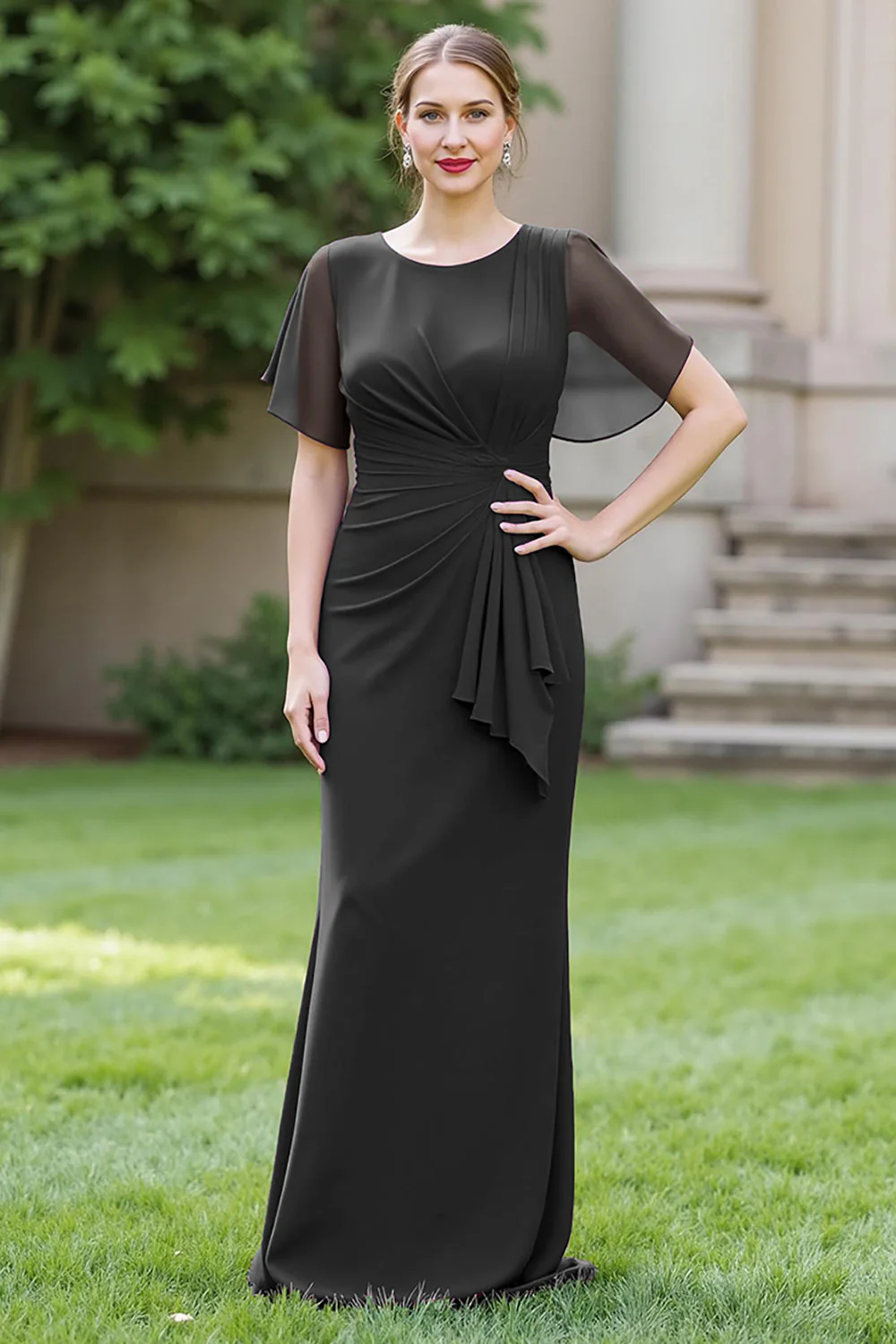 Sheath Navy Chiffon Round Neck Ruched Long Choir Dress with Sash - Image 7