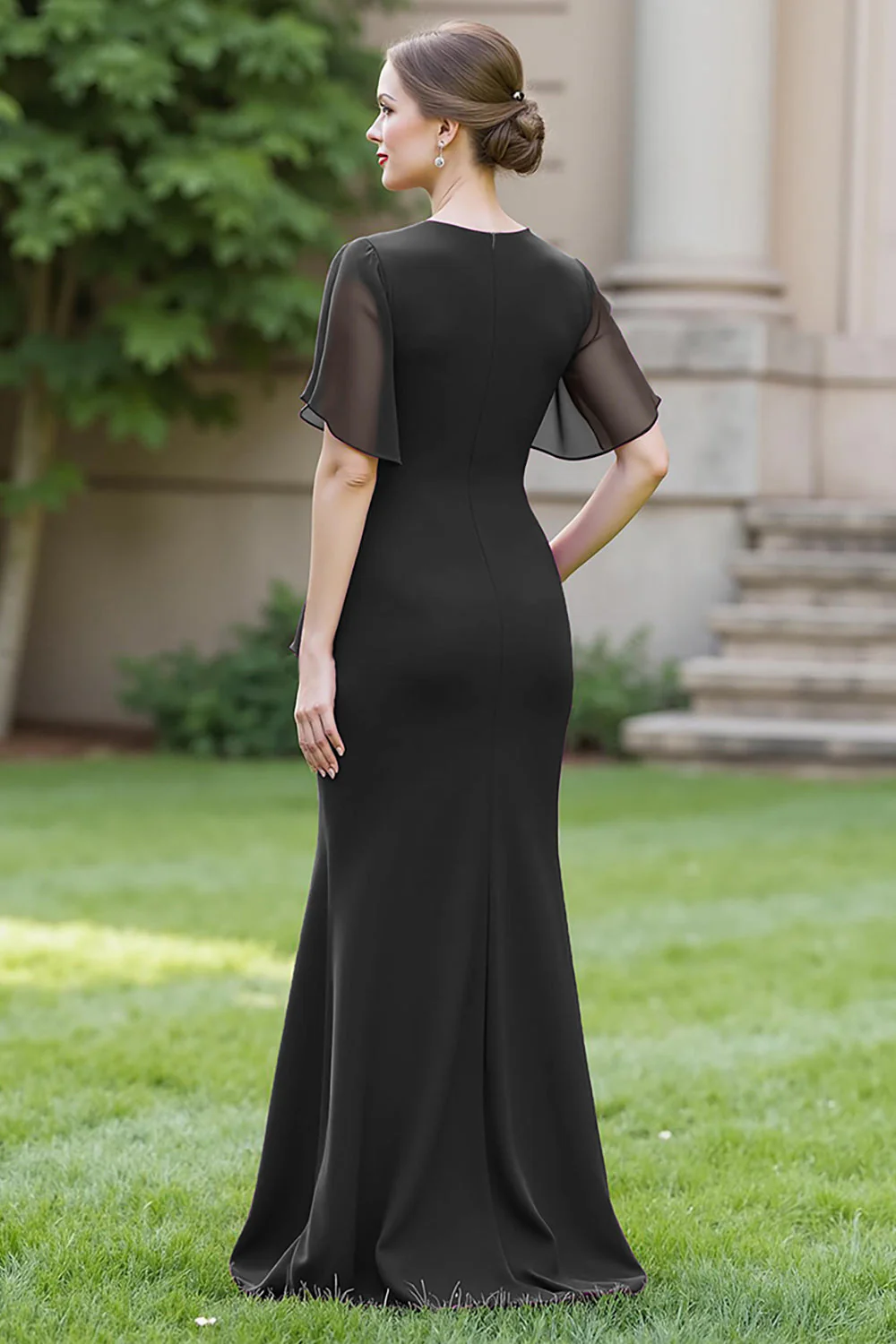 Sheath Navy Chiffon Round Neck Ruched Long Choir Dress with Sash - Image 8