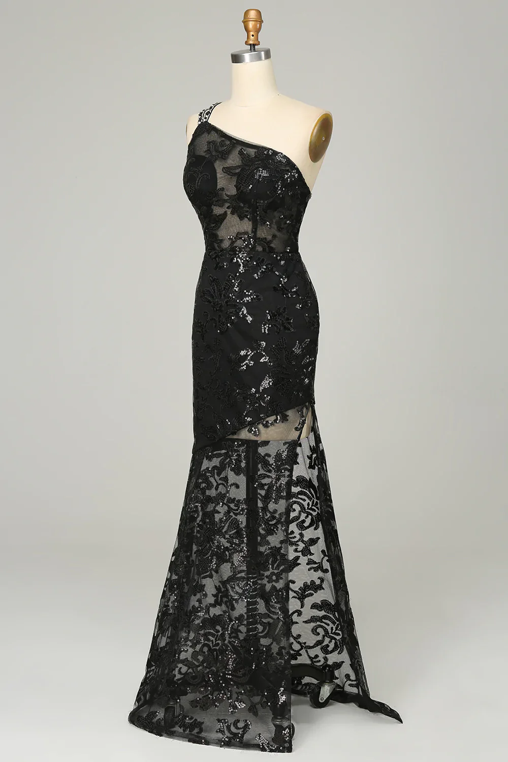 Sheath One Shoulder Backless Black Lace Long Prom Dress - Image 3
