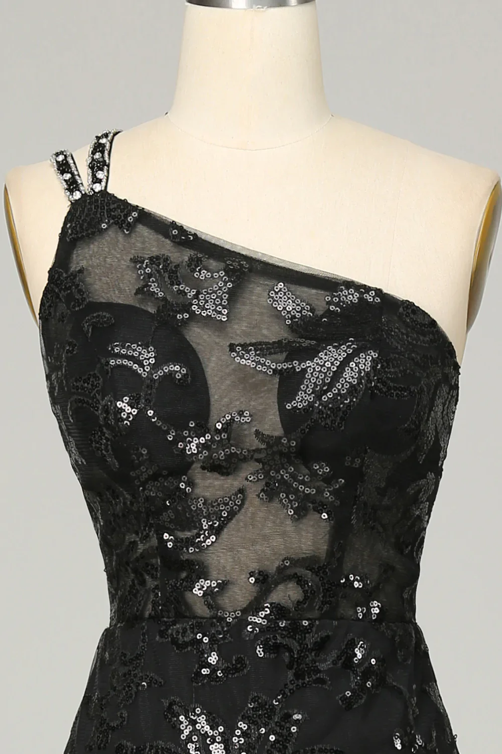 Sheath One Shoulder Backless Black Lace Long Prom Dress - Image 4
