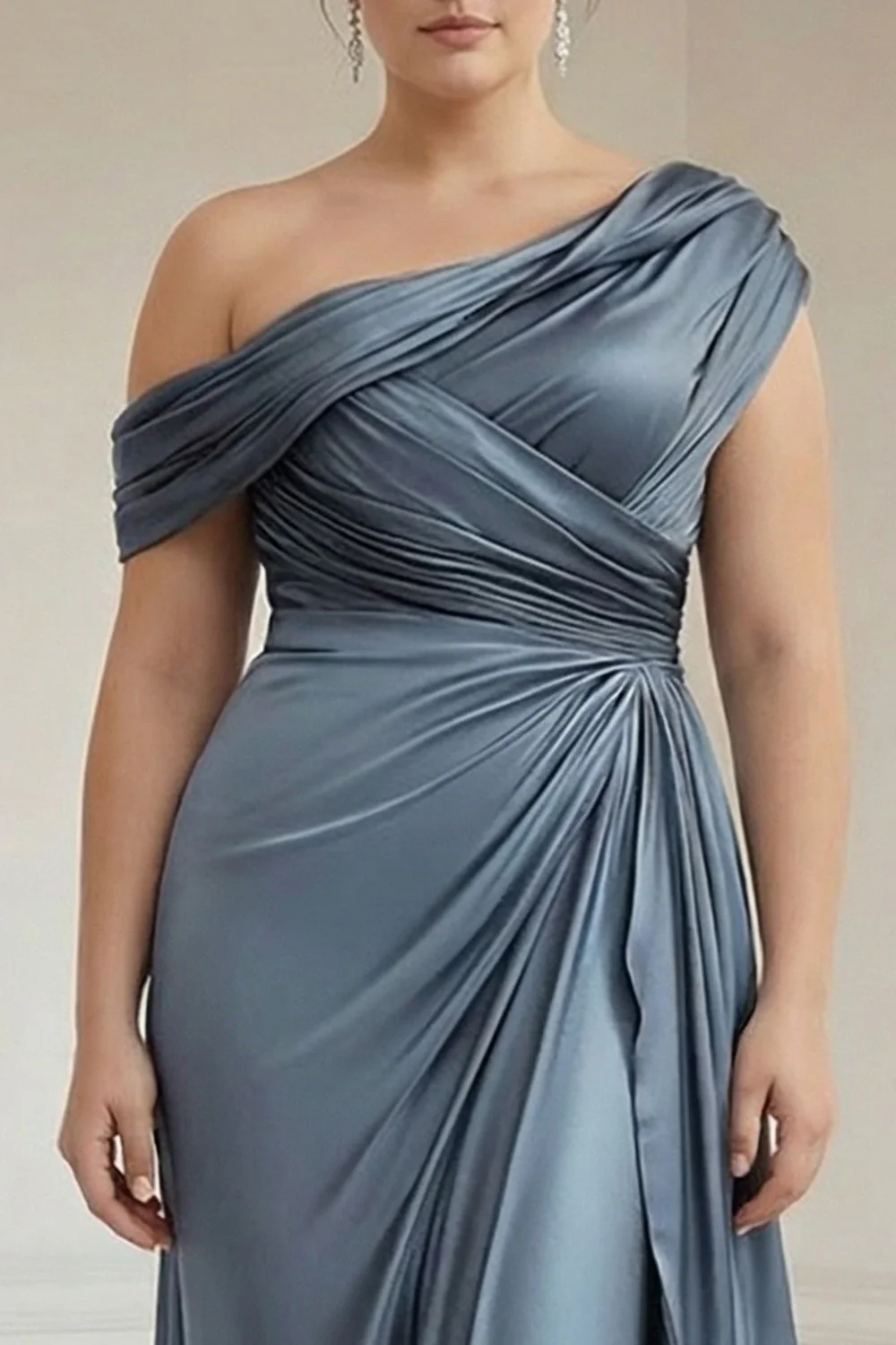 Sheath Plus Size Grey Blue One Shoulder Ruched Satin Mother of the Bride Dress - Image 2