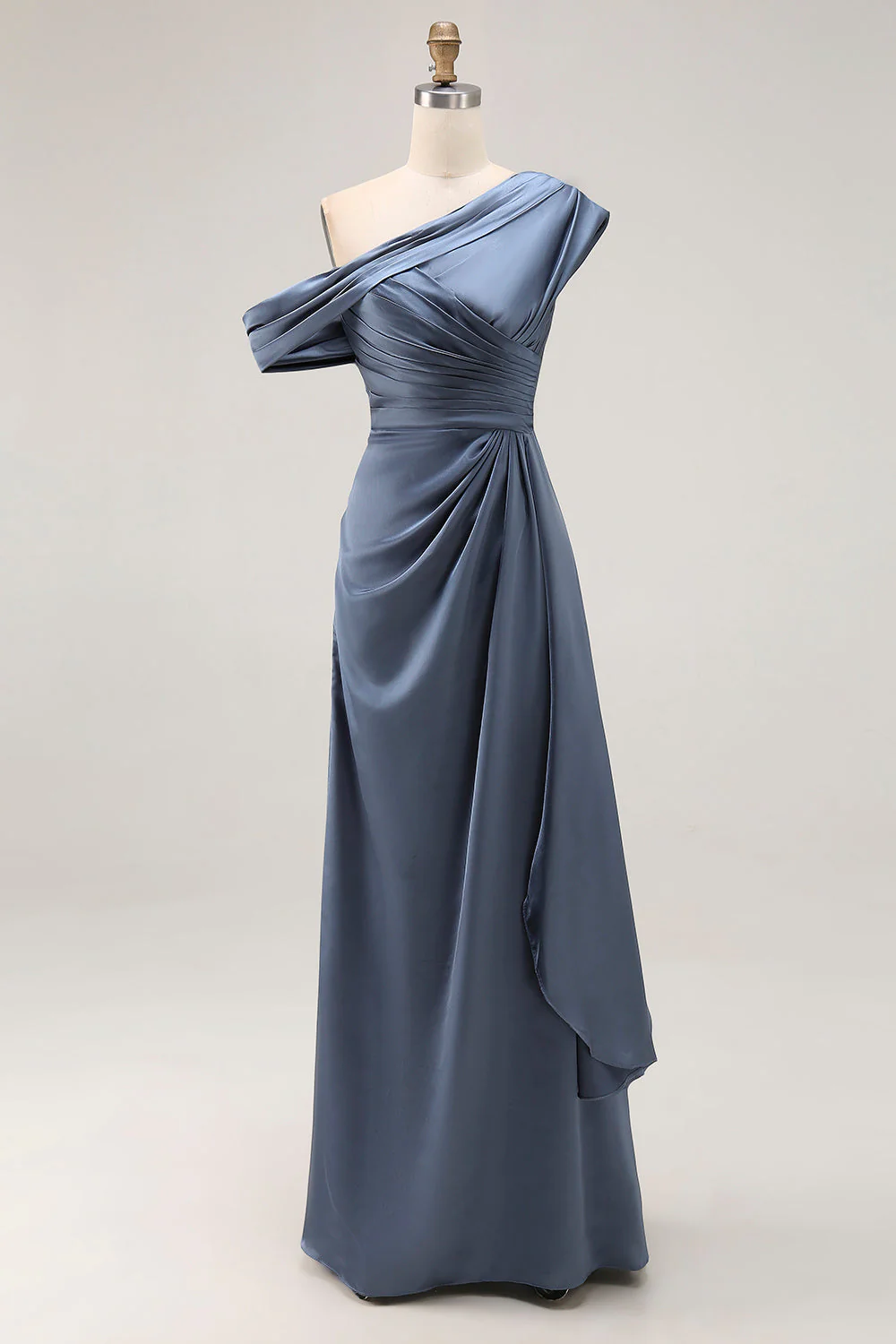 Sheath Plus Size Grey Blue One Shoulder Ruched Satin Mother of the Bride Dress - Image 3