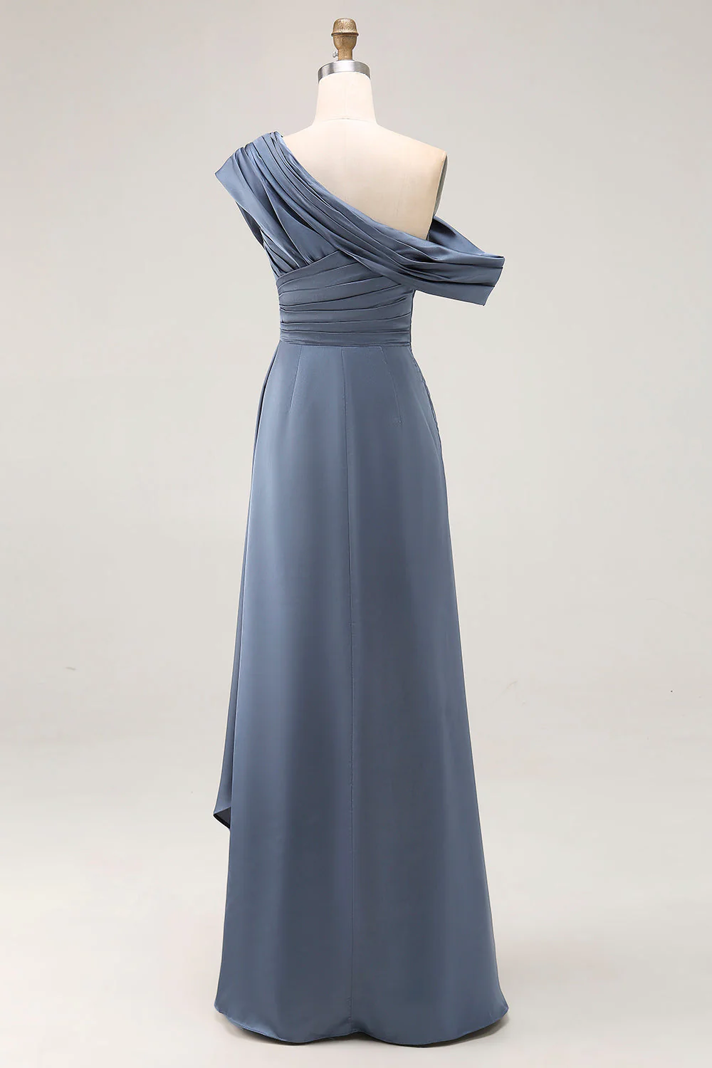 Sheath Plus Size Grey Blue One Shoulder Ruched Satin Mother of the Bride Dress - Image 4