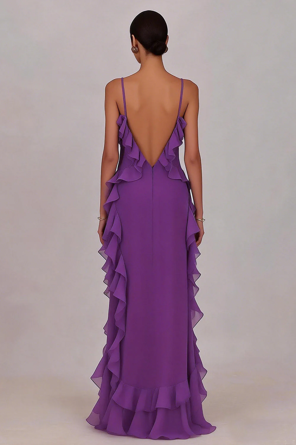 Sheath Ruffled Chiffon Long Plum Dress with Slit - Image 2
