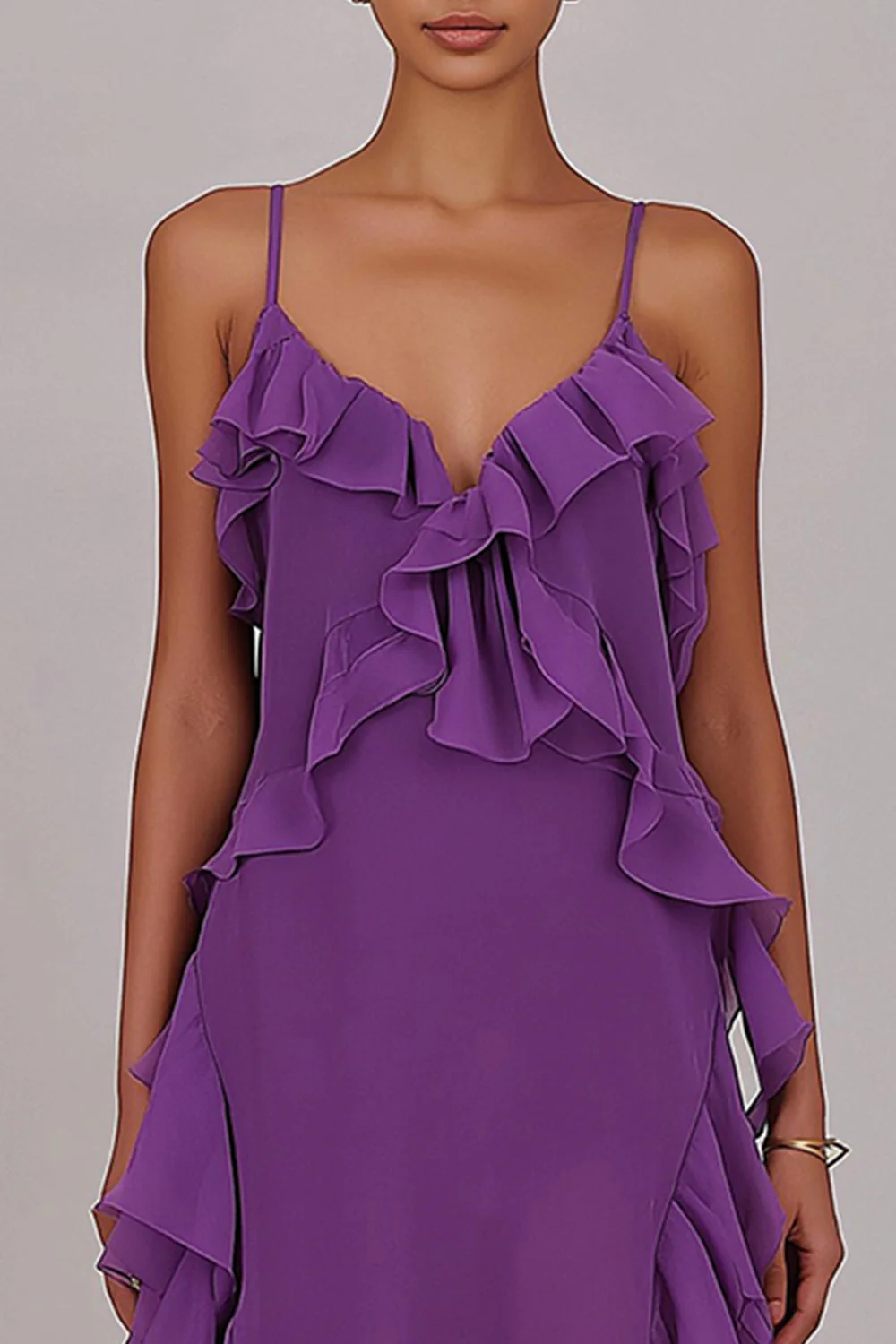 Sheath Ruffled Chiffon Long Plum Dress with Slit - Image 3