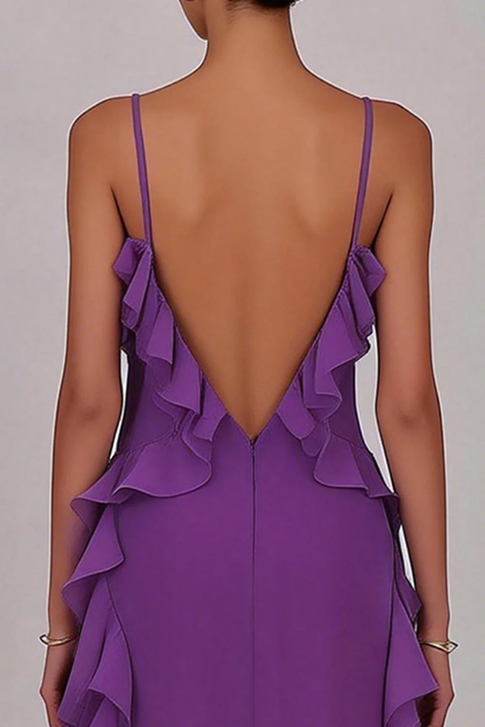 Sheath Ruffled Chiffon Long Plum Dress with Slit - Image 4