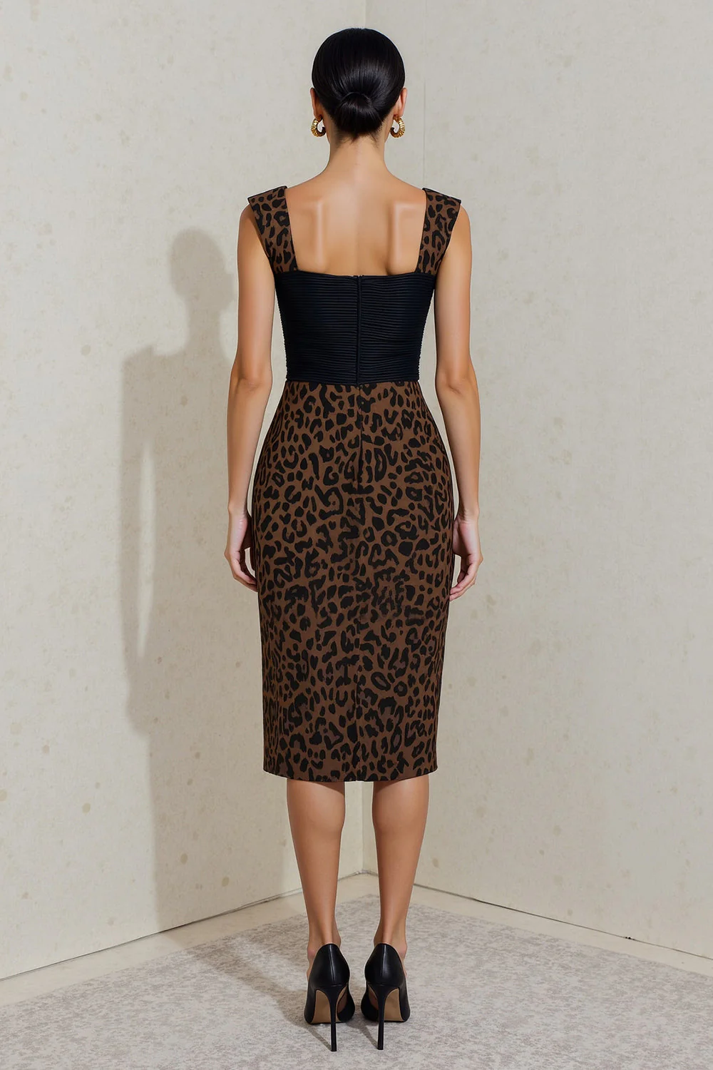 Sheath Square Neck Black and Brown Leopard Midi Work Dress - Image 2