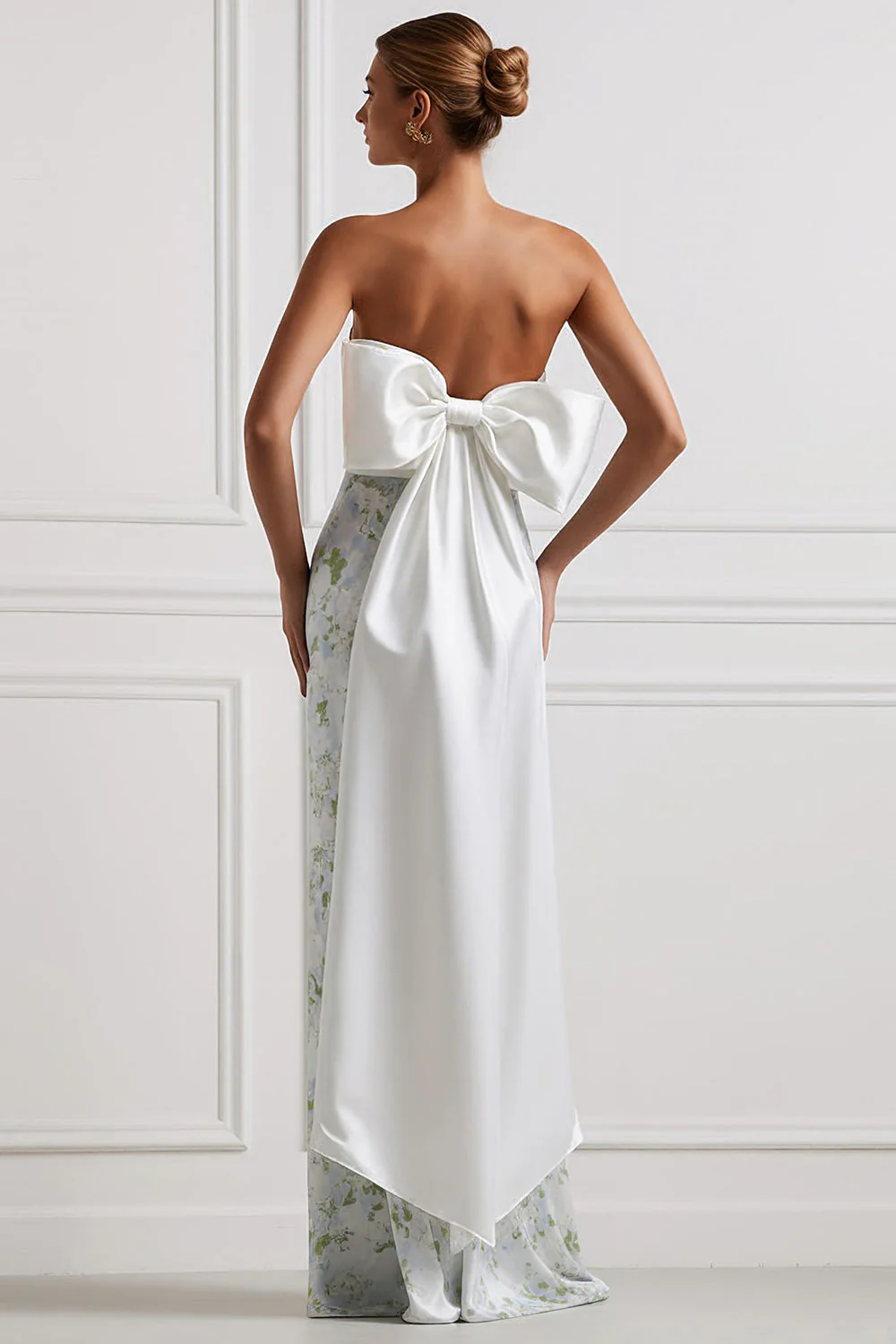 Sheath Blue White Flower Strapless Satin Long Bridesmaid Dress with Back Bow - Image 2