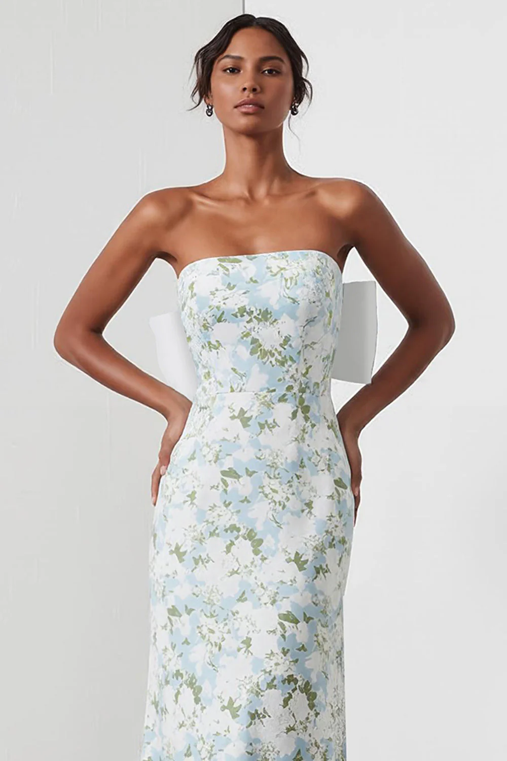 Sheath Blue White Flower Strapless Satin Long Bridesmaid Dress with Back Bow - Image 3