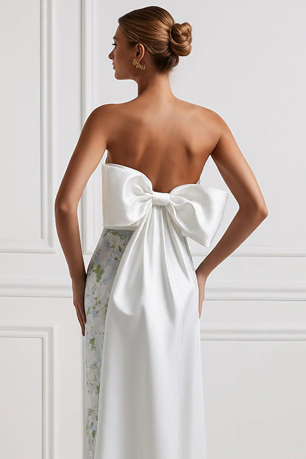 Sheath Blue White Flower Strapless Satin Long Bridesmaid Dress with Back Bow - Image 4