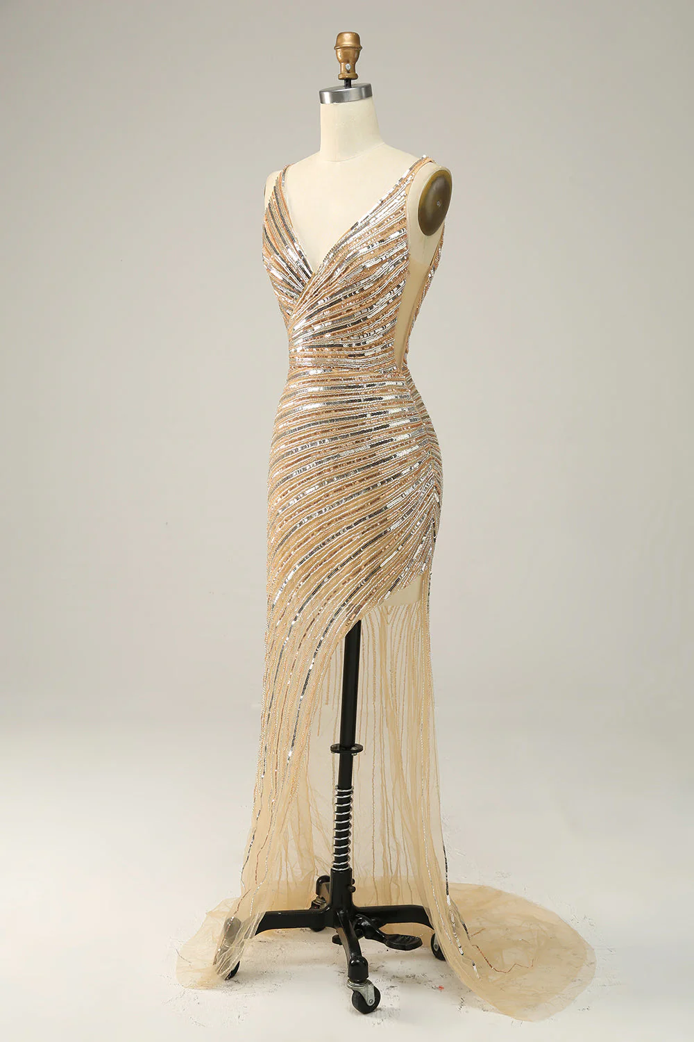 Sheath V Neck Golden Sequins Long Prom Dress with Open Back - Image 3