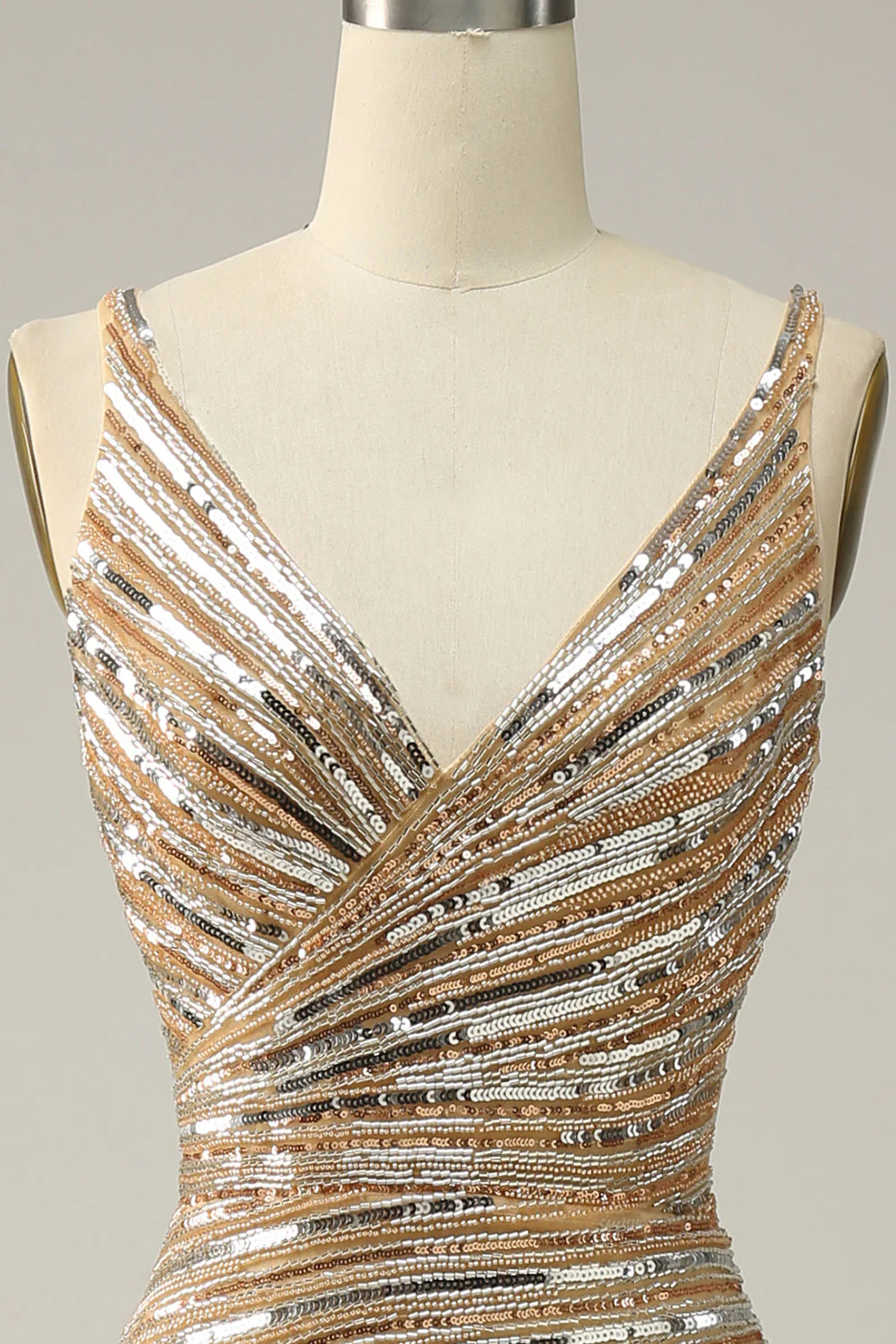 Sheath V Neck Golden Sequins Long Prom Dress with Open Back - Image 4