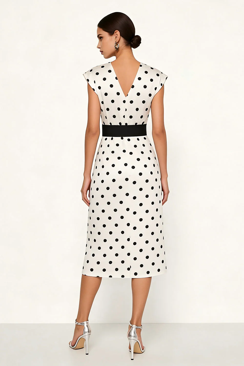 Sheath White Black Polka Dots V-Neck Midi Work Dress with Belt - Image 2