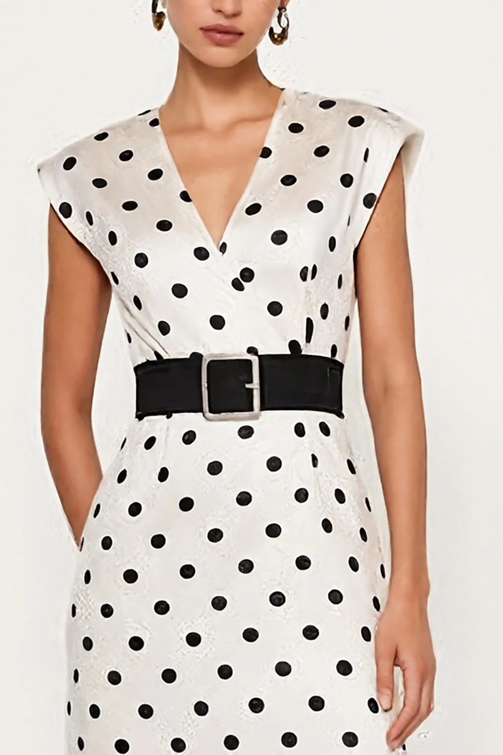 Sheath White Black Polka Dots V-Neck Midi Work Dress with Belt - Image 3