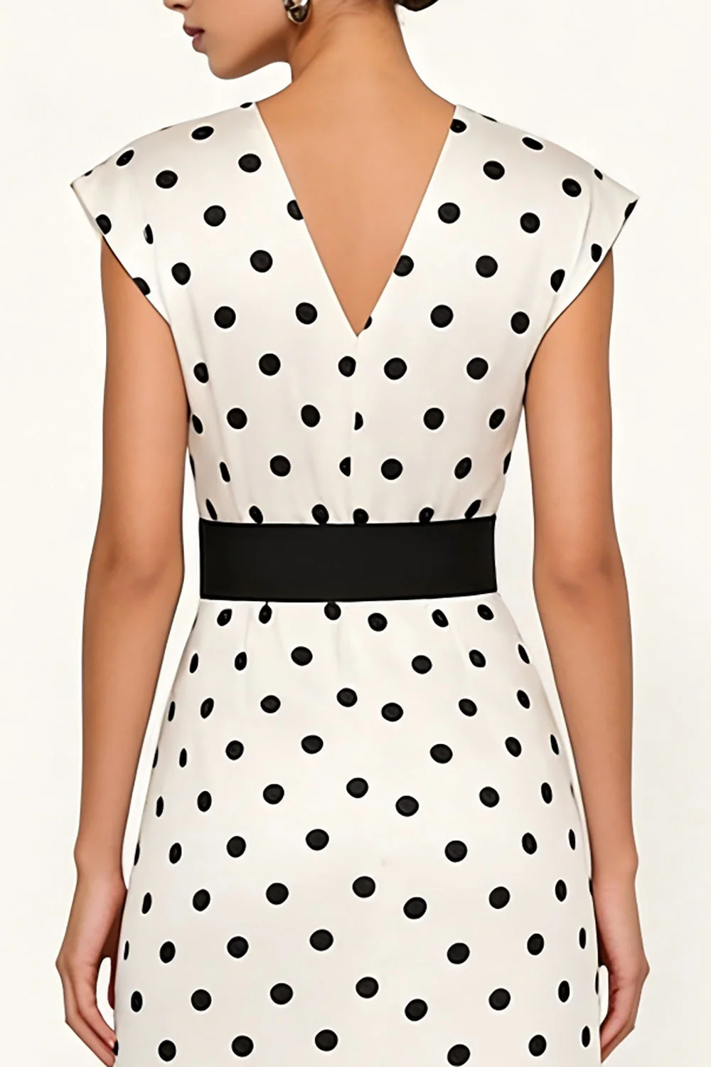 Sheath White Black Polka Dots V-Neck Midi Work Dress with Belt - Image 4