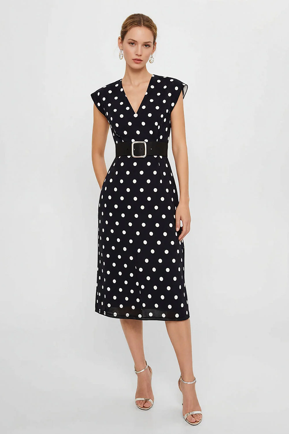 Sheath White Black Polka Dots V-Neck Midi Work Dress with Belt - Image 5