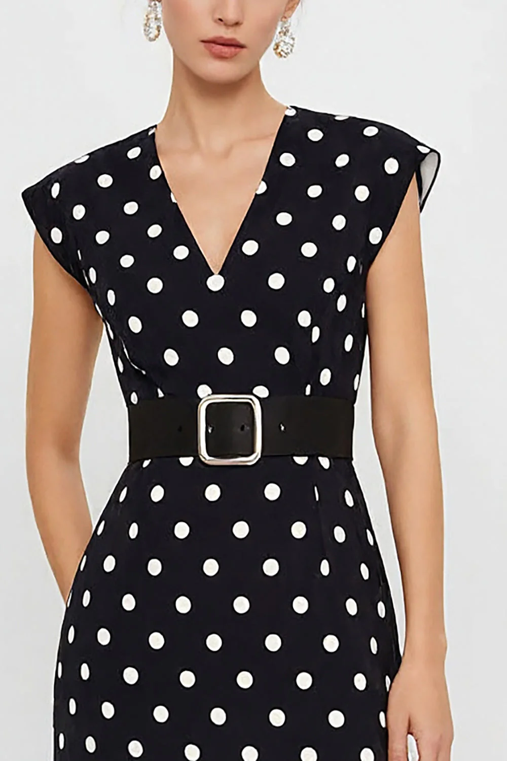 Sheath White Black Polka Dots V-Neck Midi Work Dress with Belt - Image 6