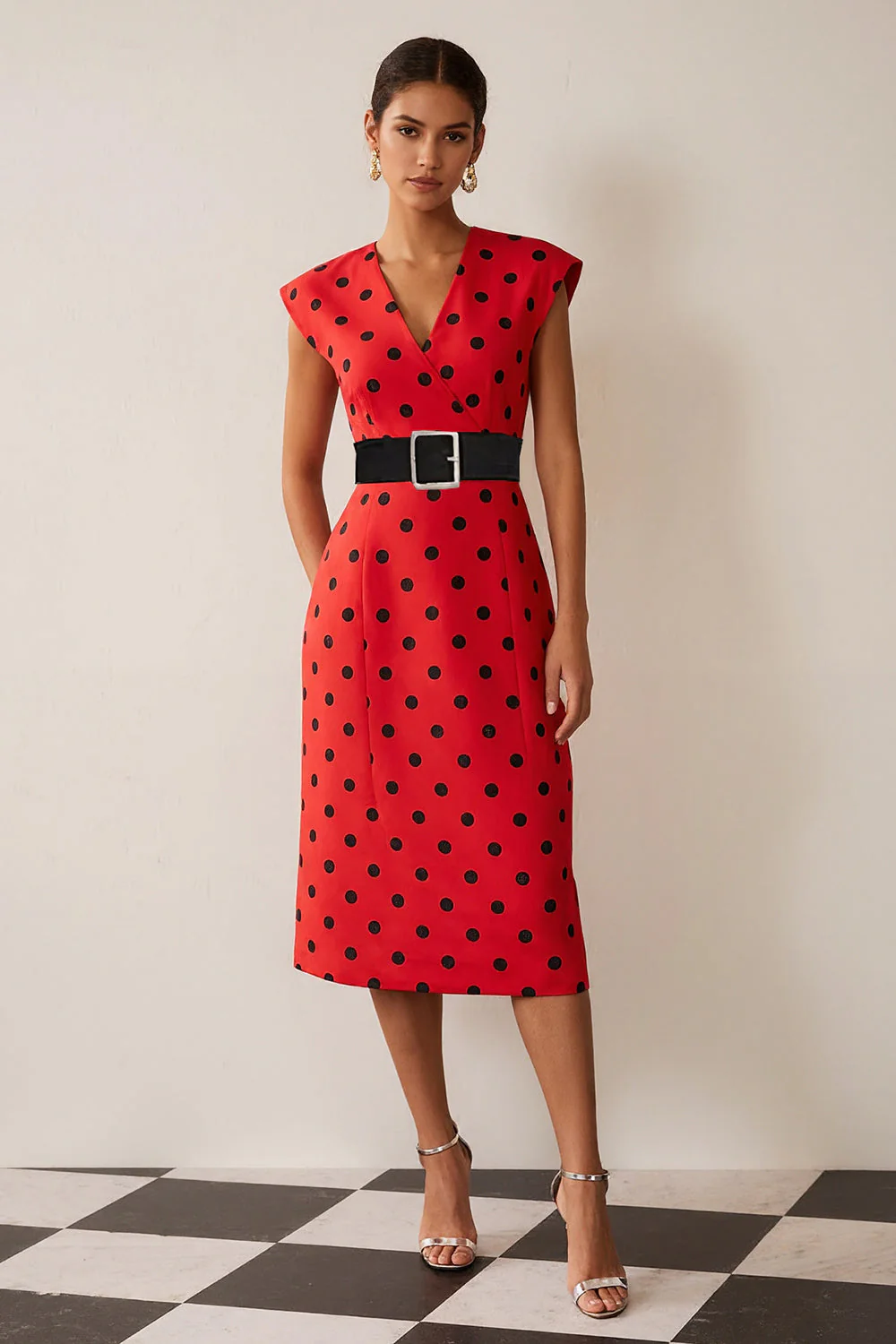 Sheath White Black Polka Dots V-Neck Midi Work Dress with Belt - Image 7